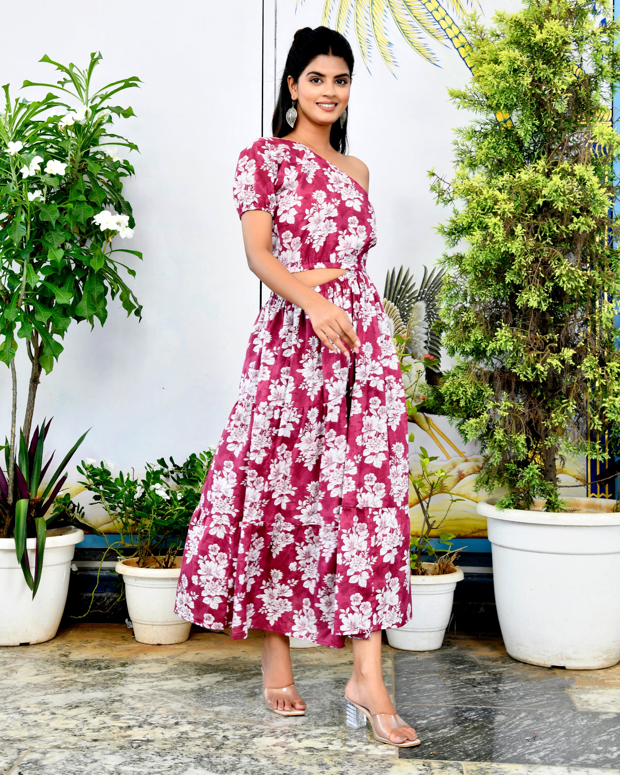 Wine Floral Print One-Shoulder Cutout Midi Dress - Cotton Maxi