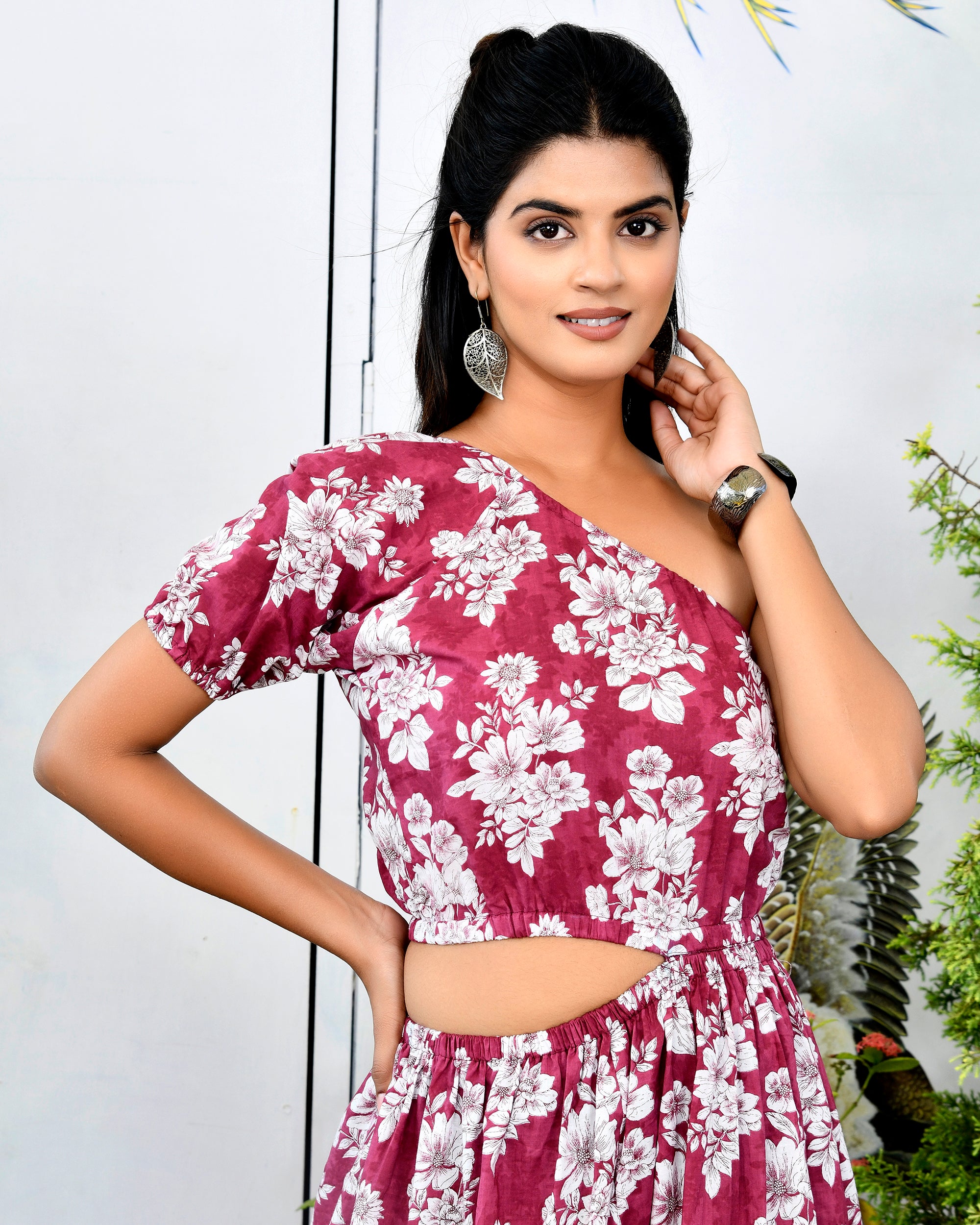 Wine Floral Print One-Shoulder Cutout Midi Dress - Cotton Maxi