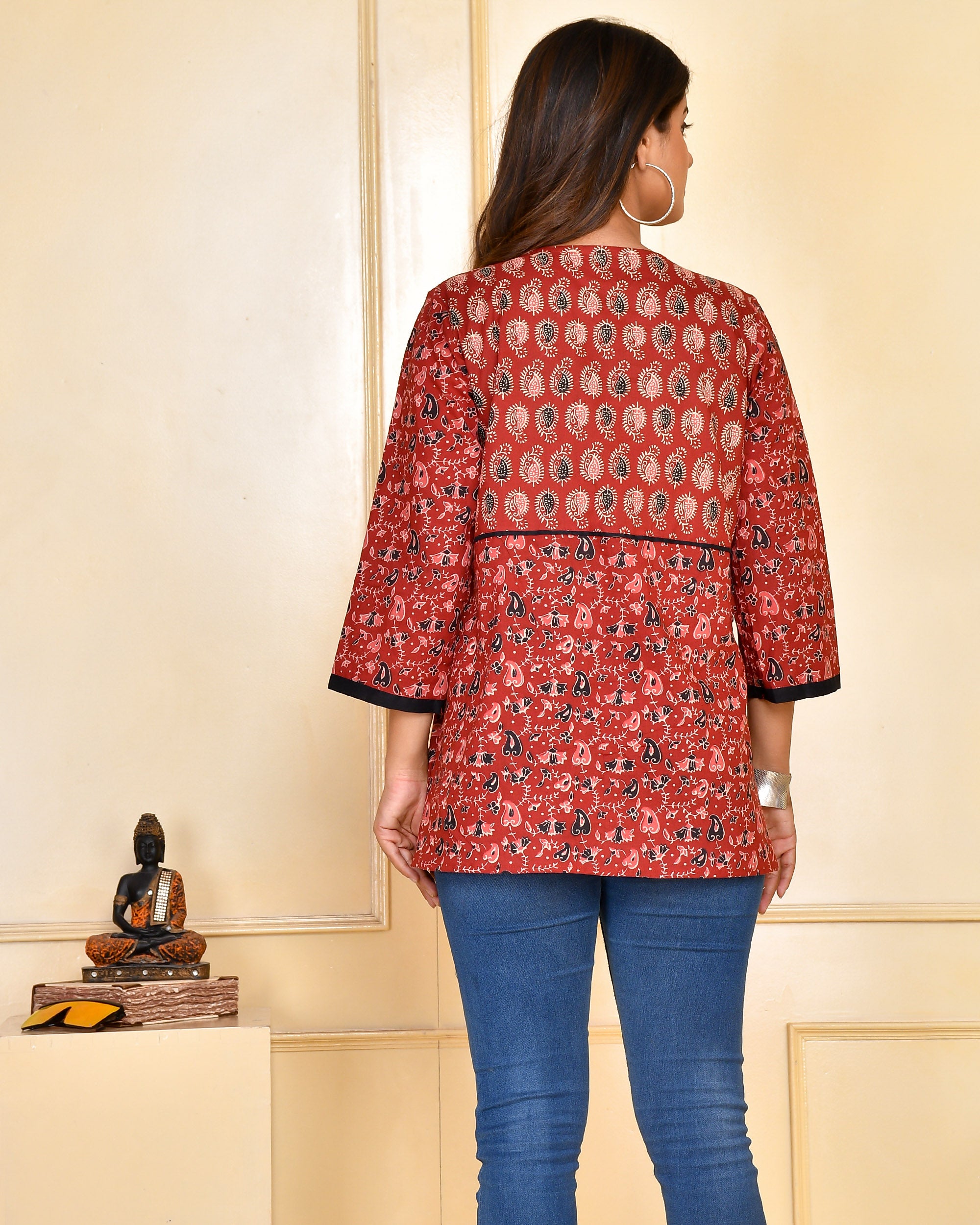 Rust Red Block Print Cotton Peplum Tunic Top - Three-Quarter Sleeve