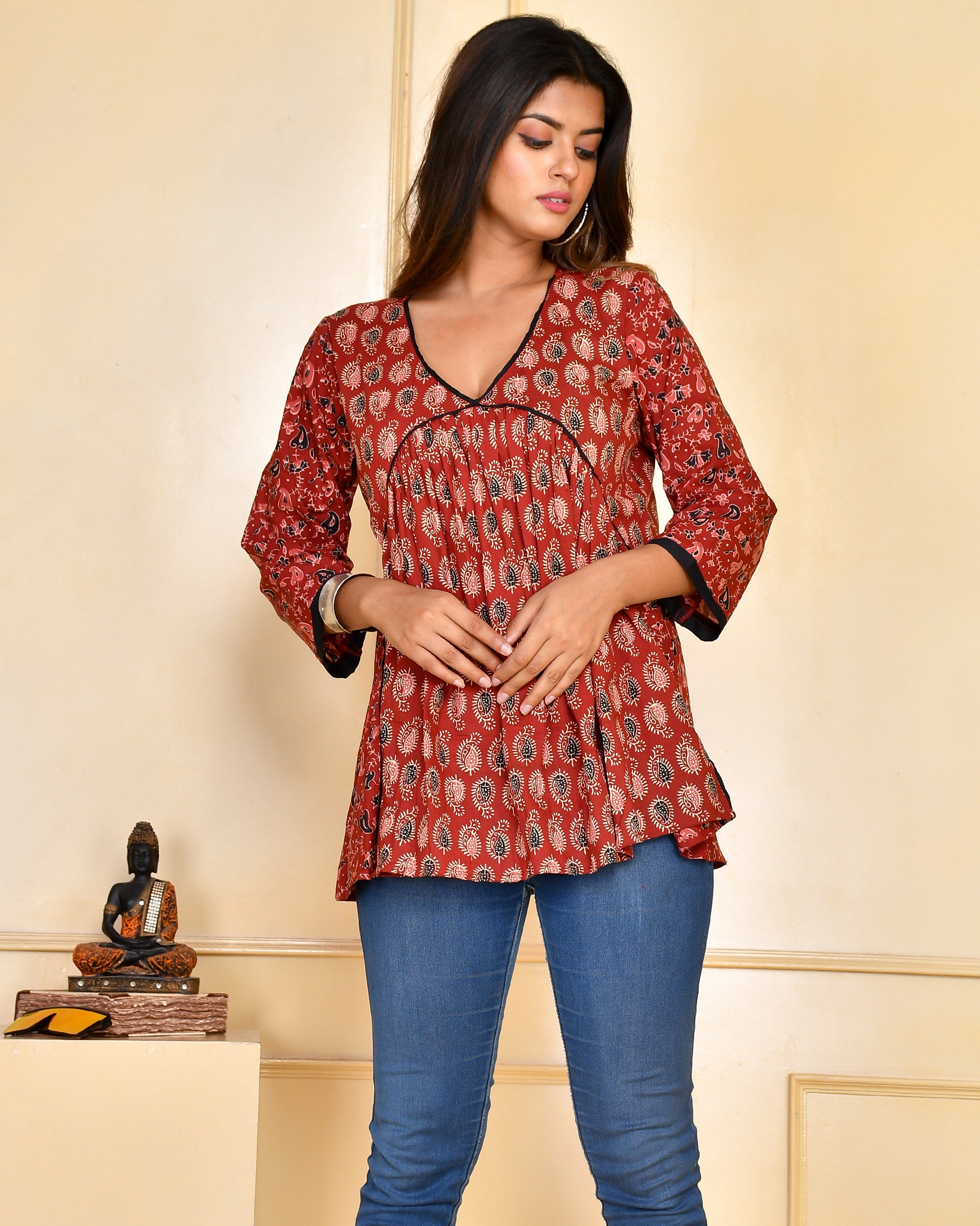 Rust Red Block Print Cotton Peplum Tunic Top - Three-Quarter Sleeve