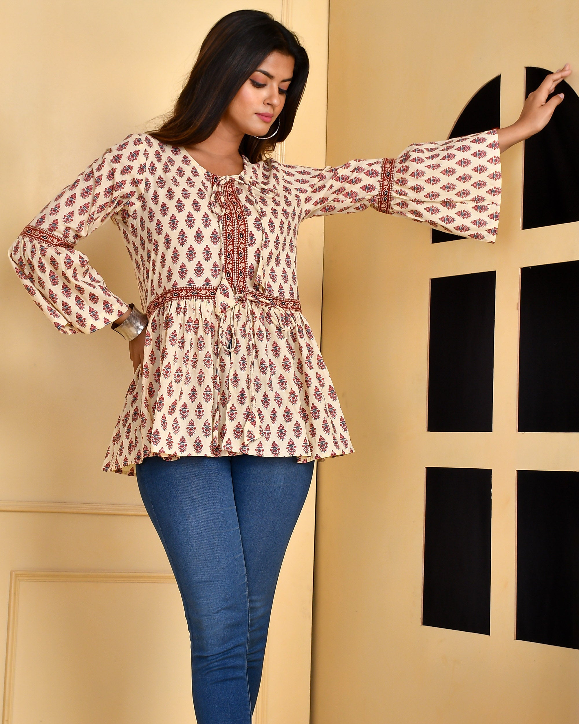 Beige Block Print Peplum Top with Bell Sleeves