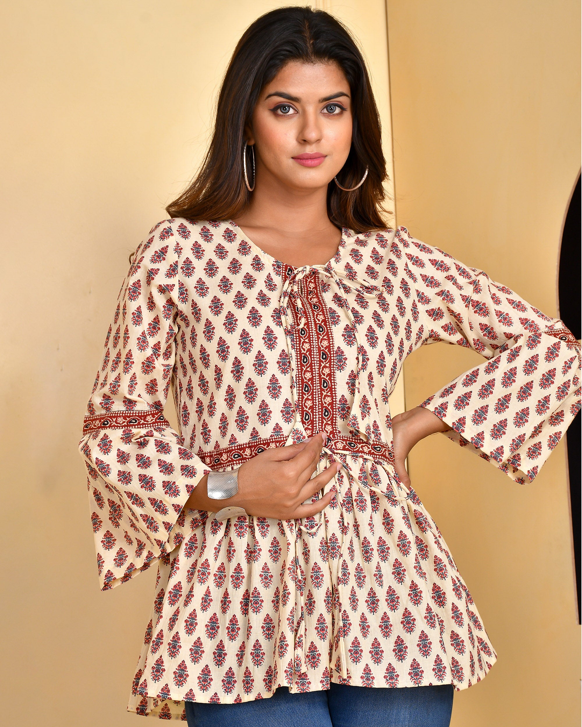 Beige Block Print Peplum Top with Bell Sleeves