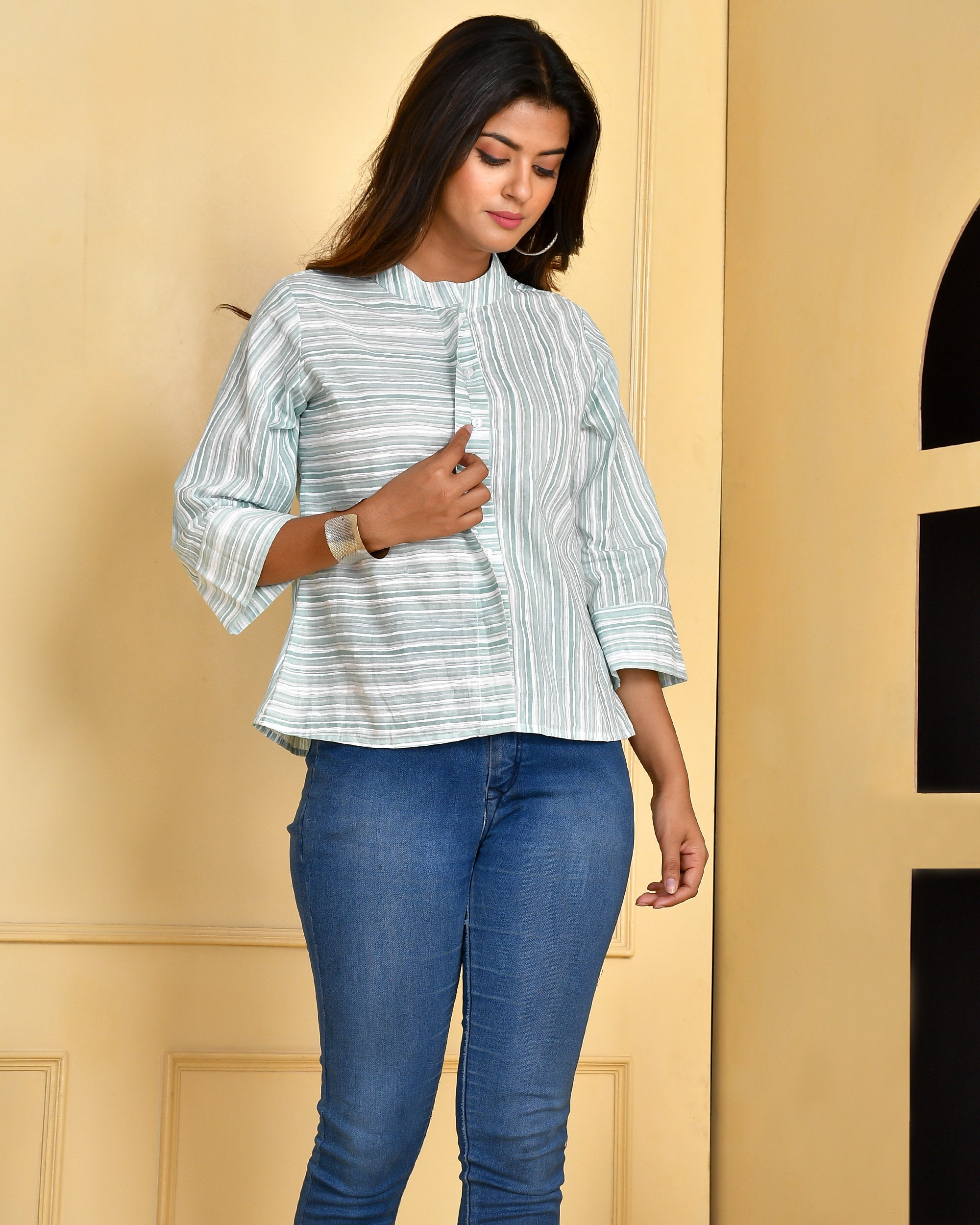 Mint Green Cotton Striped Panel Top Indo-Western Tunic for Women
