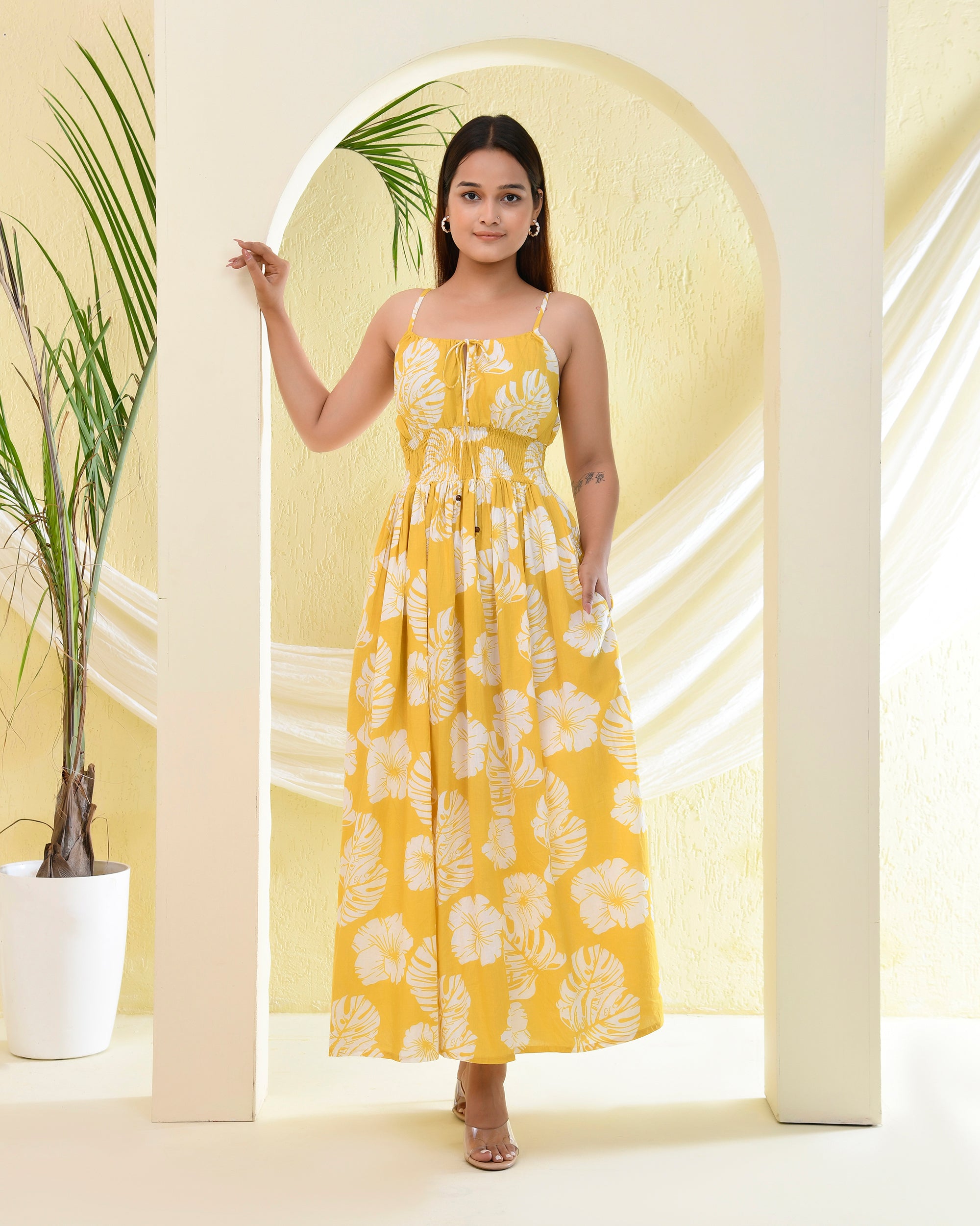 Yellow & White Floral Print Smocked Kurt