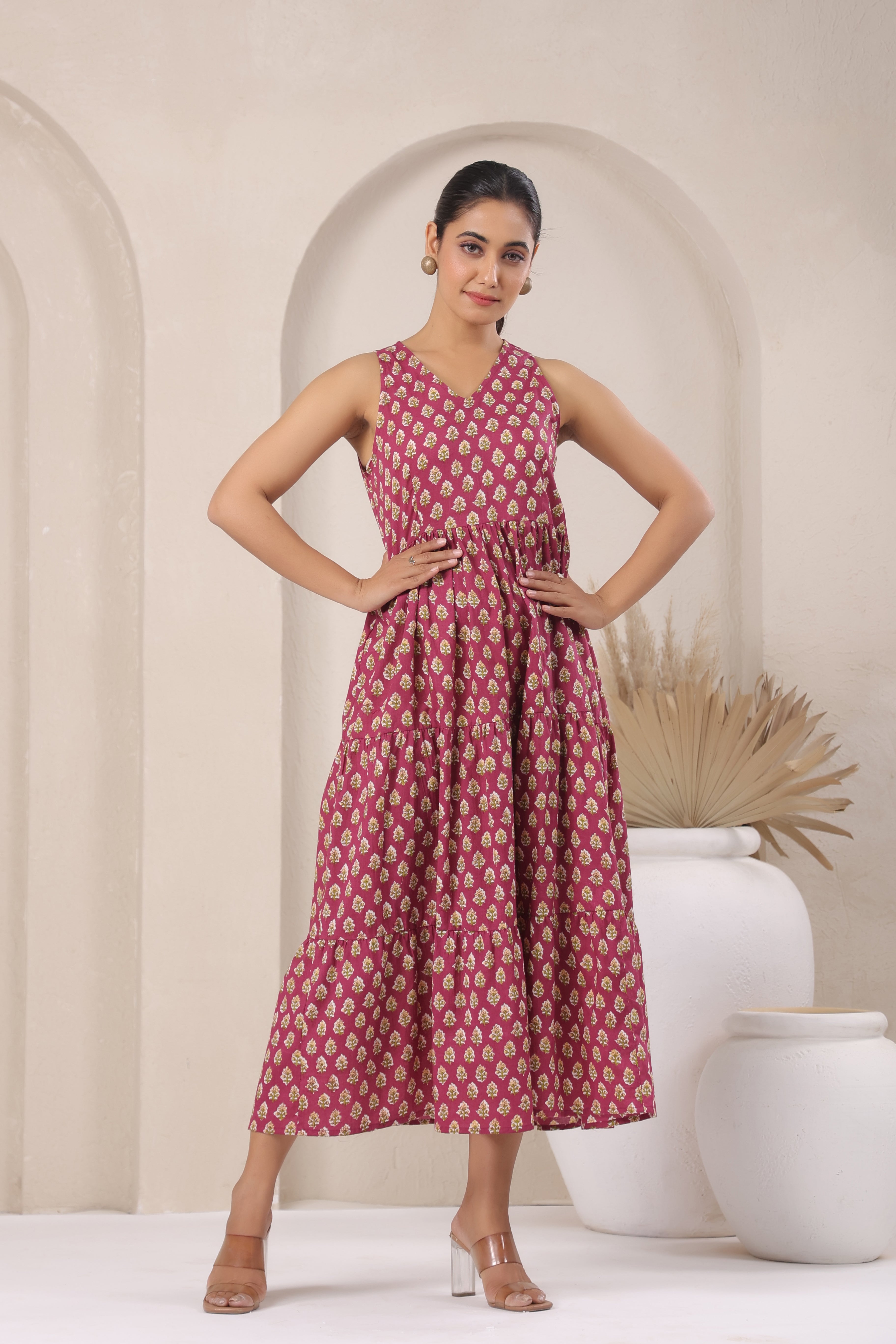 Wine & Gold Block Print A-Line Sleeveless Kurti