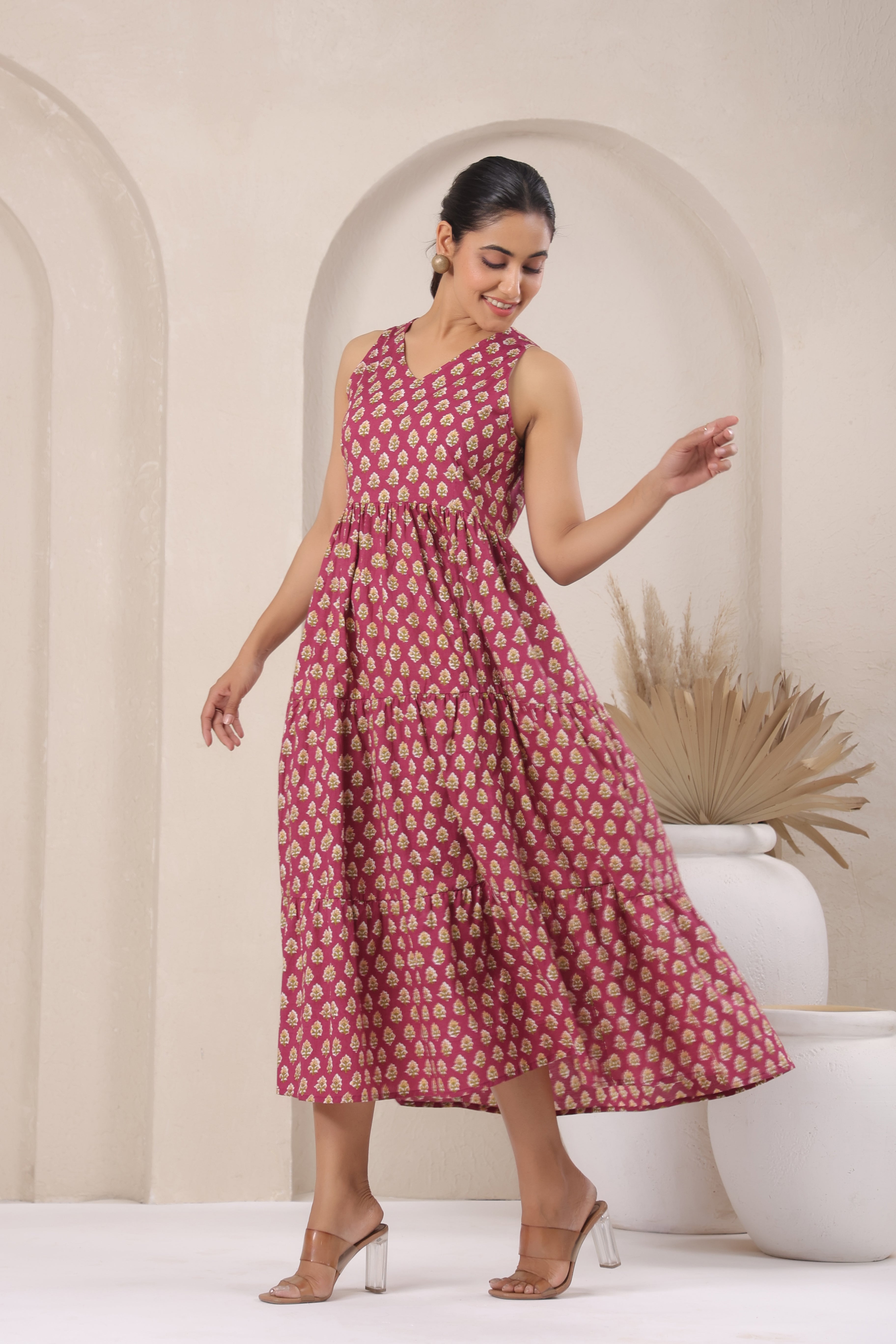 Wine & Gold Block Print A-Line Sleeveless Kurti