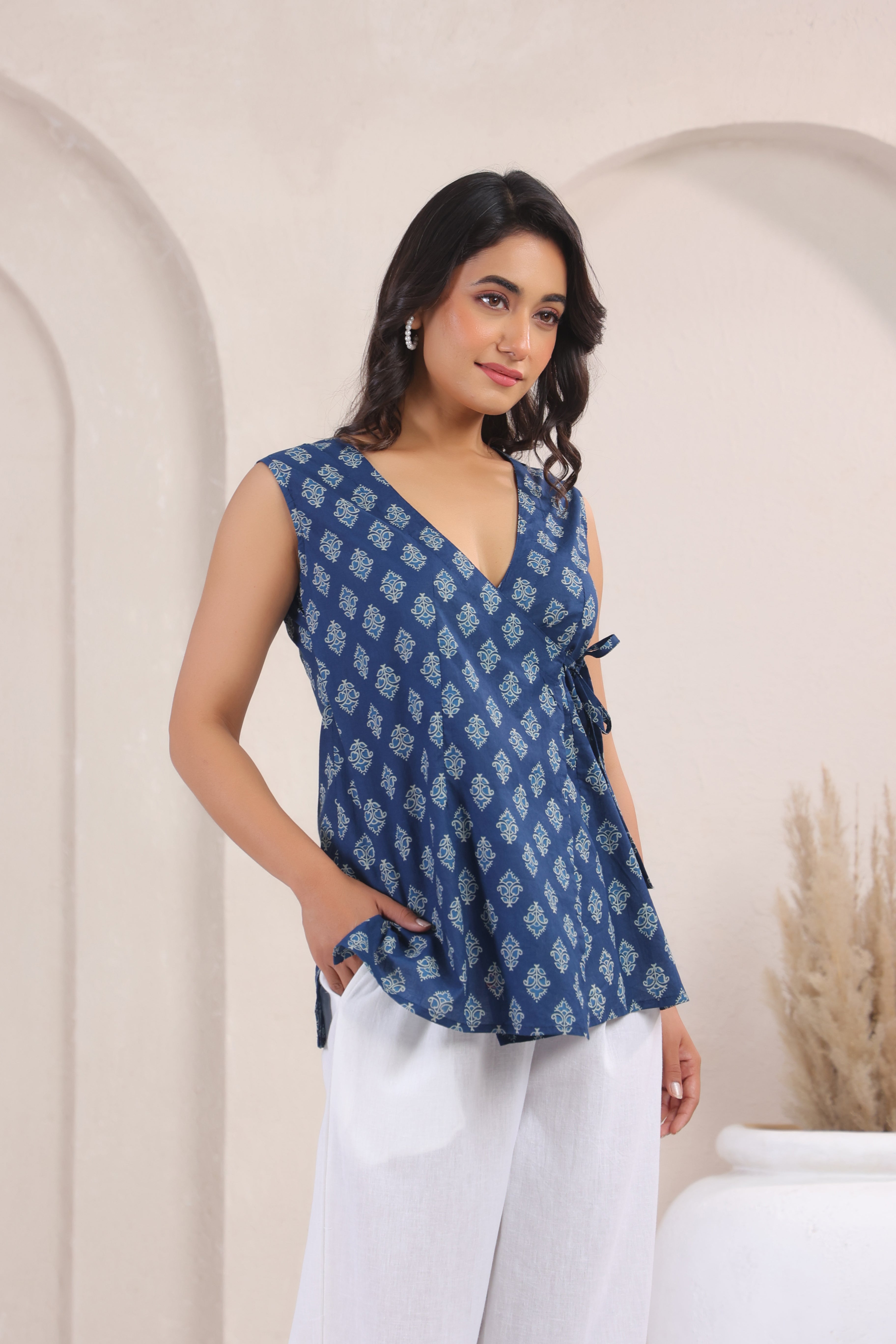 Indigo Block Print Cotton Angrakha Wrap Top