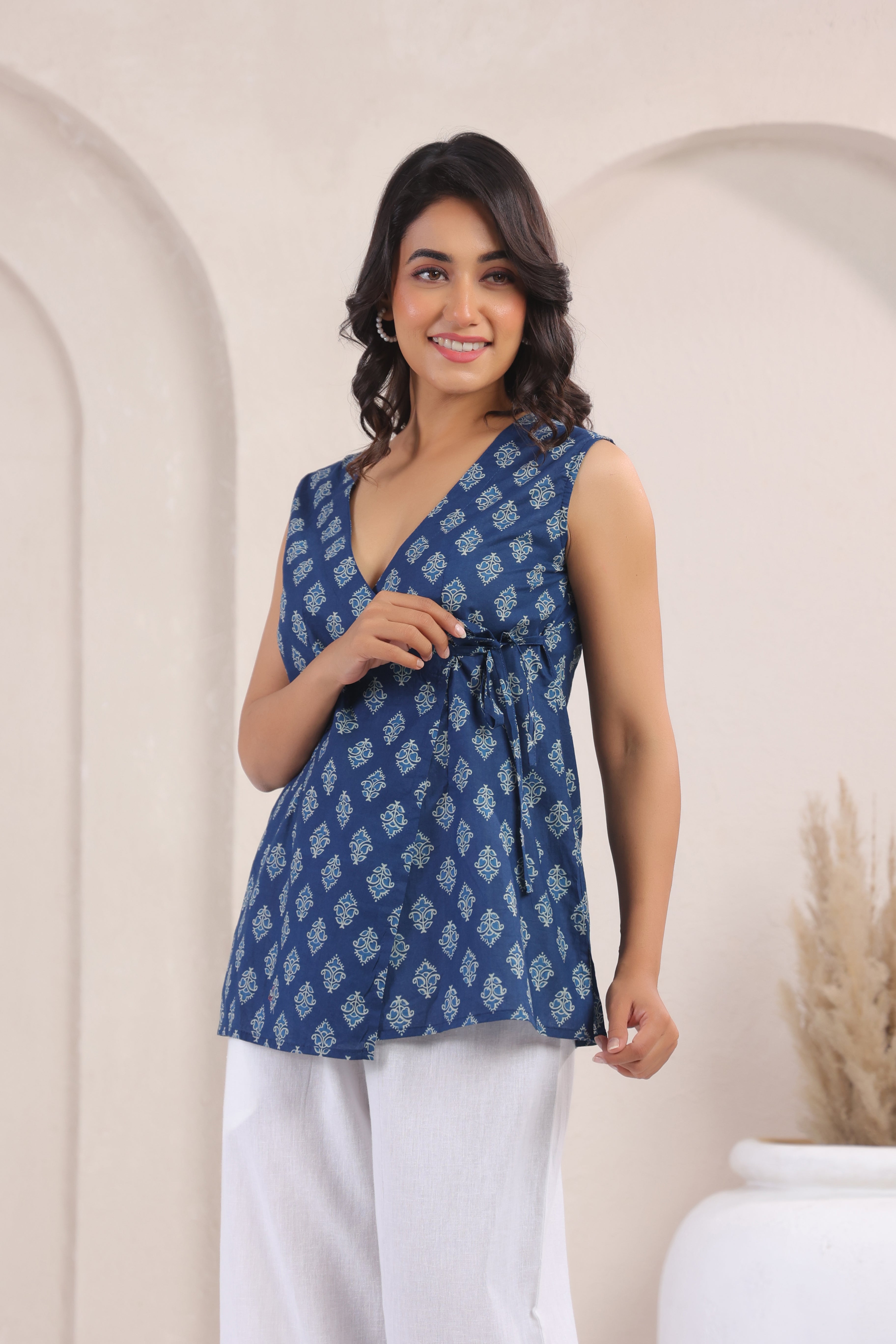 Indigo Block Print Cotton Angrakha Wrap Top