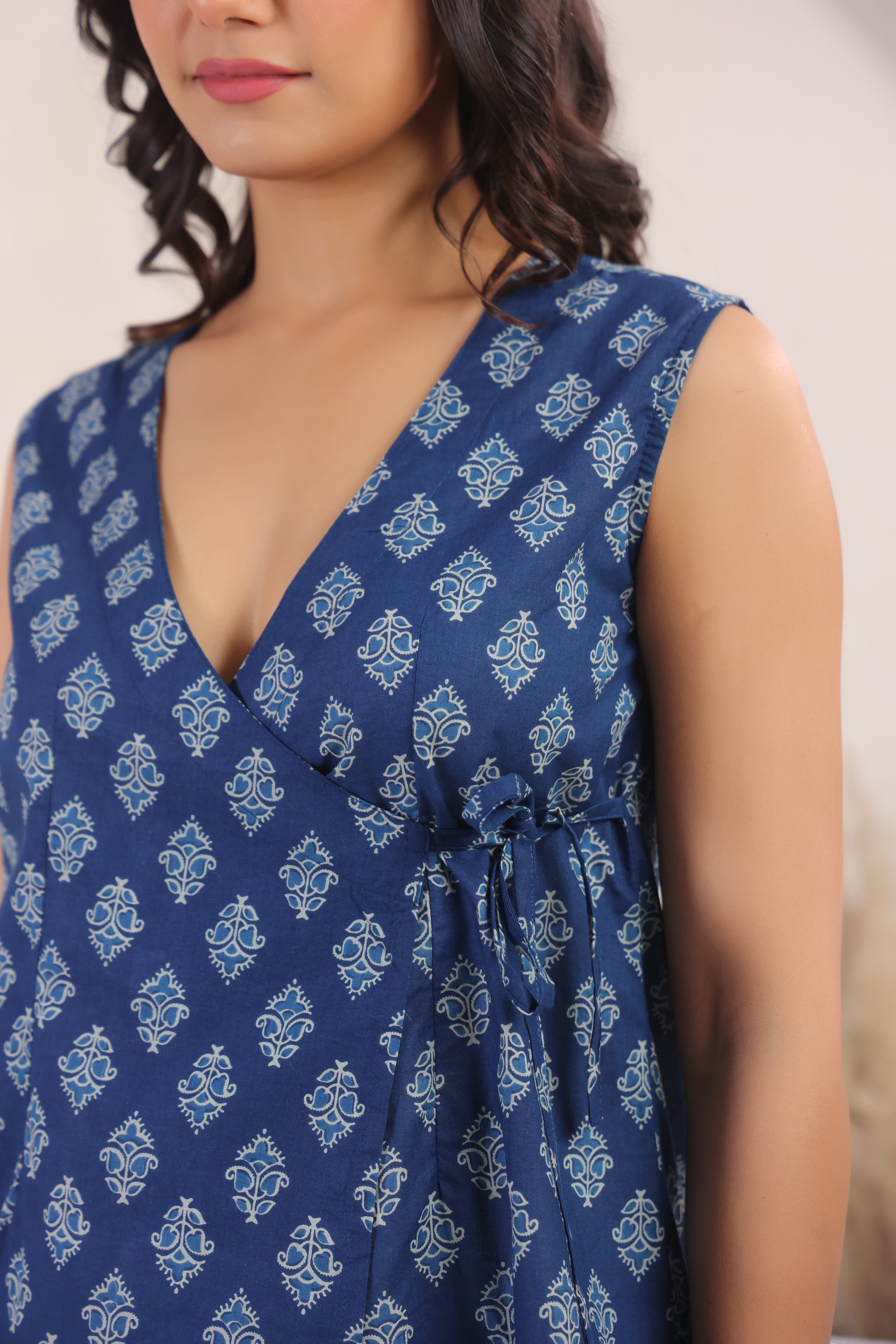 Indigo Block Print Cotton Angrakha Wrap Top