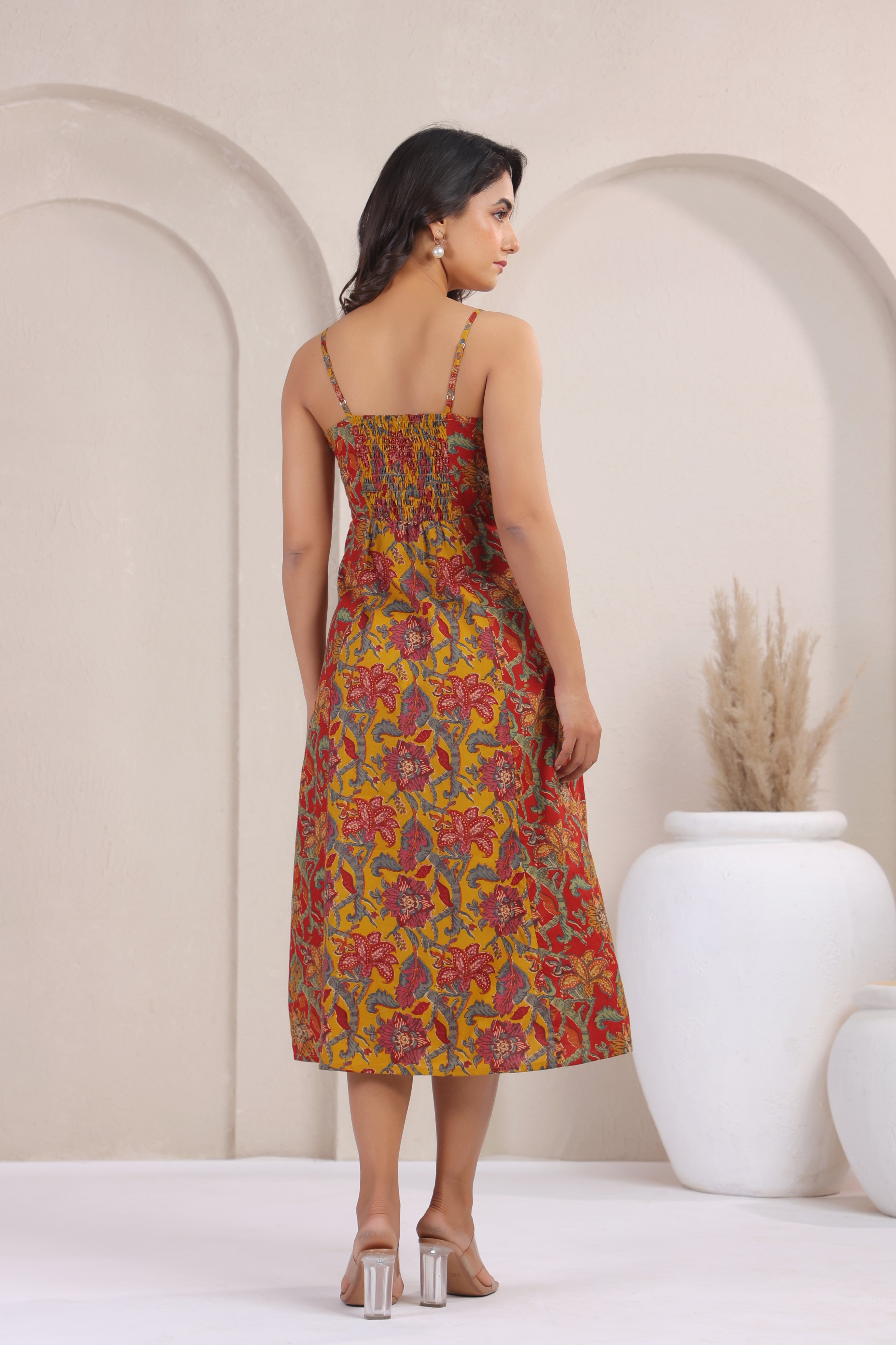 Mustard Floral Print Sleeveless A-Line Kurti