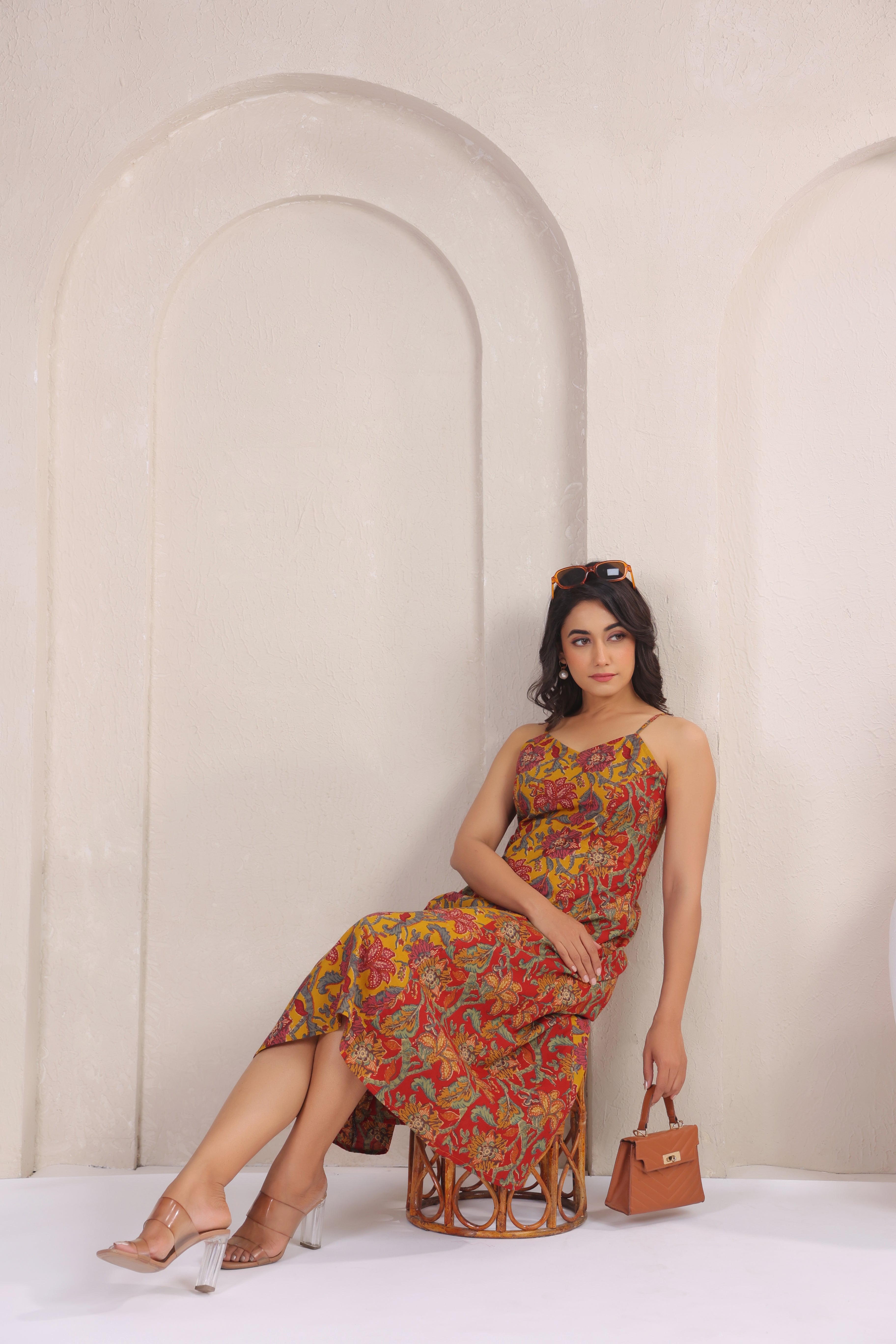 Mustard Floral Print Sleeveless A-Line Kurti