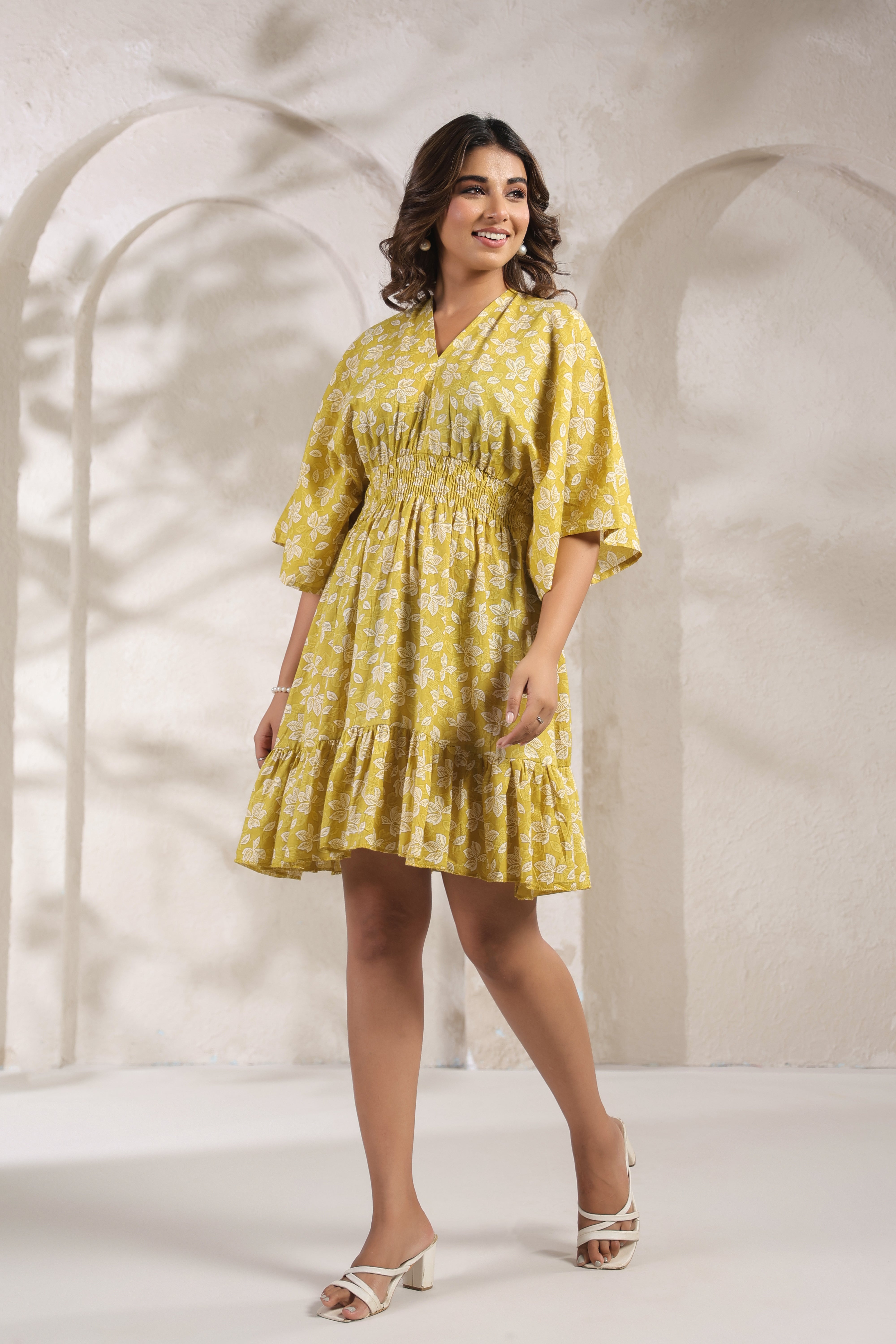 Yellow Floral Smocked Mini Dress