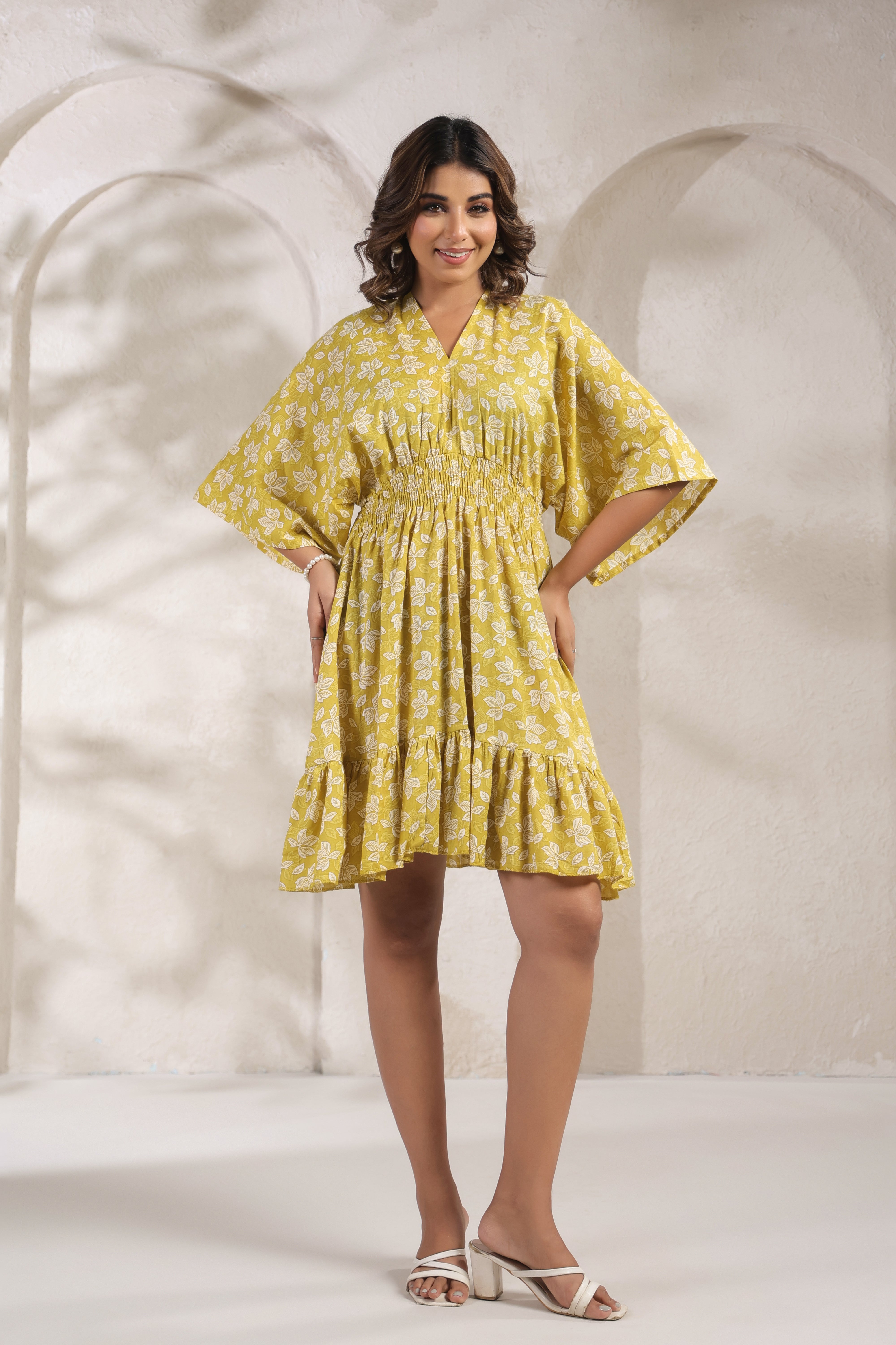 Yellow Floral Smocked Mini Dress