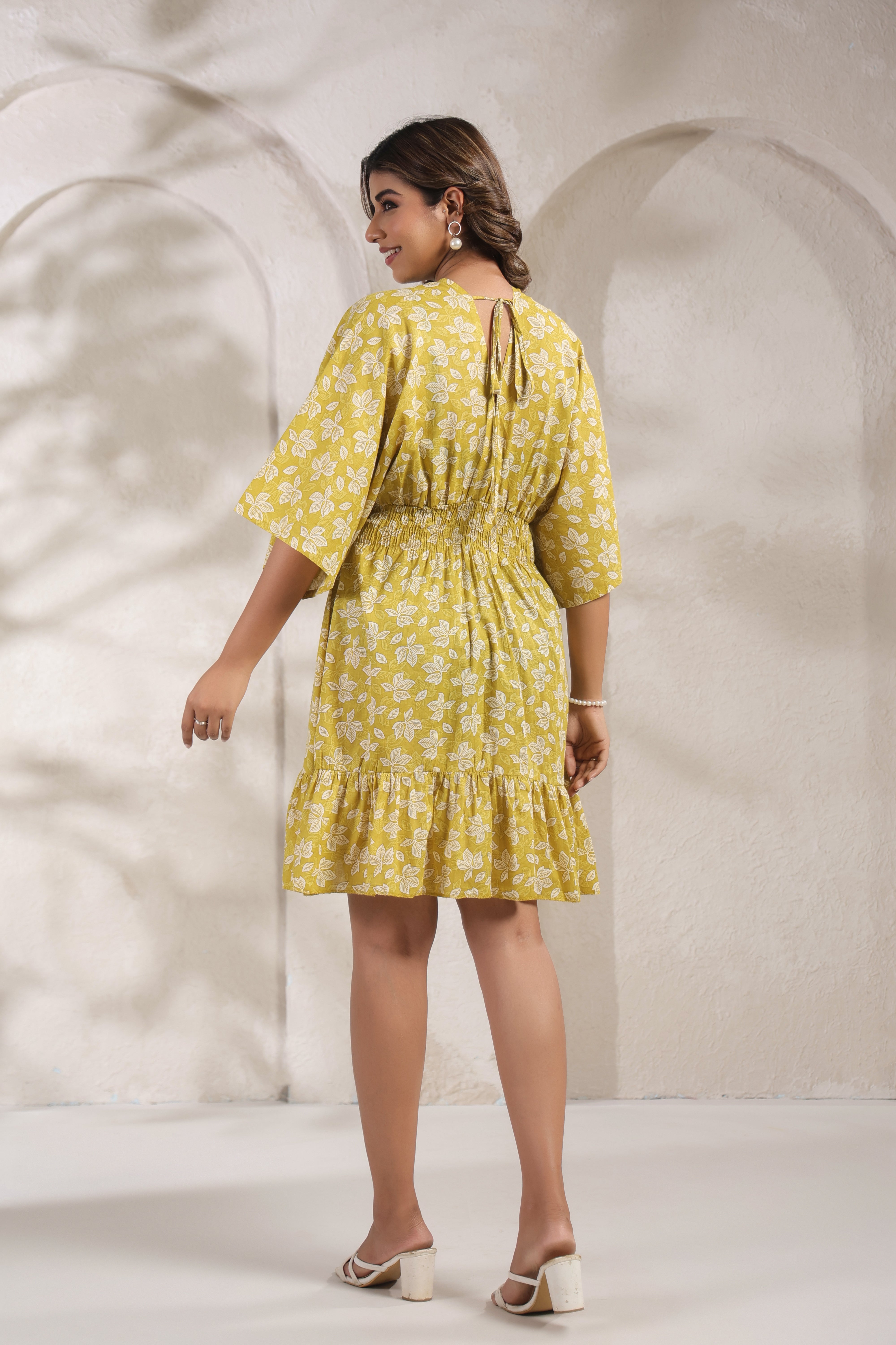 Mustard Yellow Floral Cotton Mini Dress