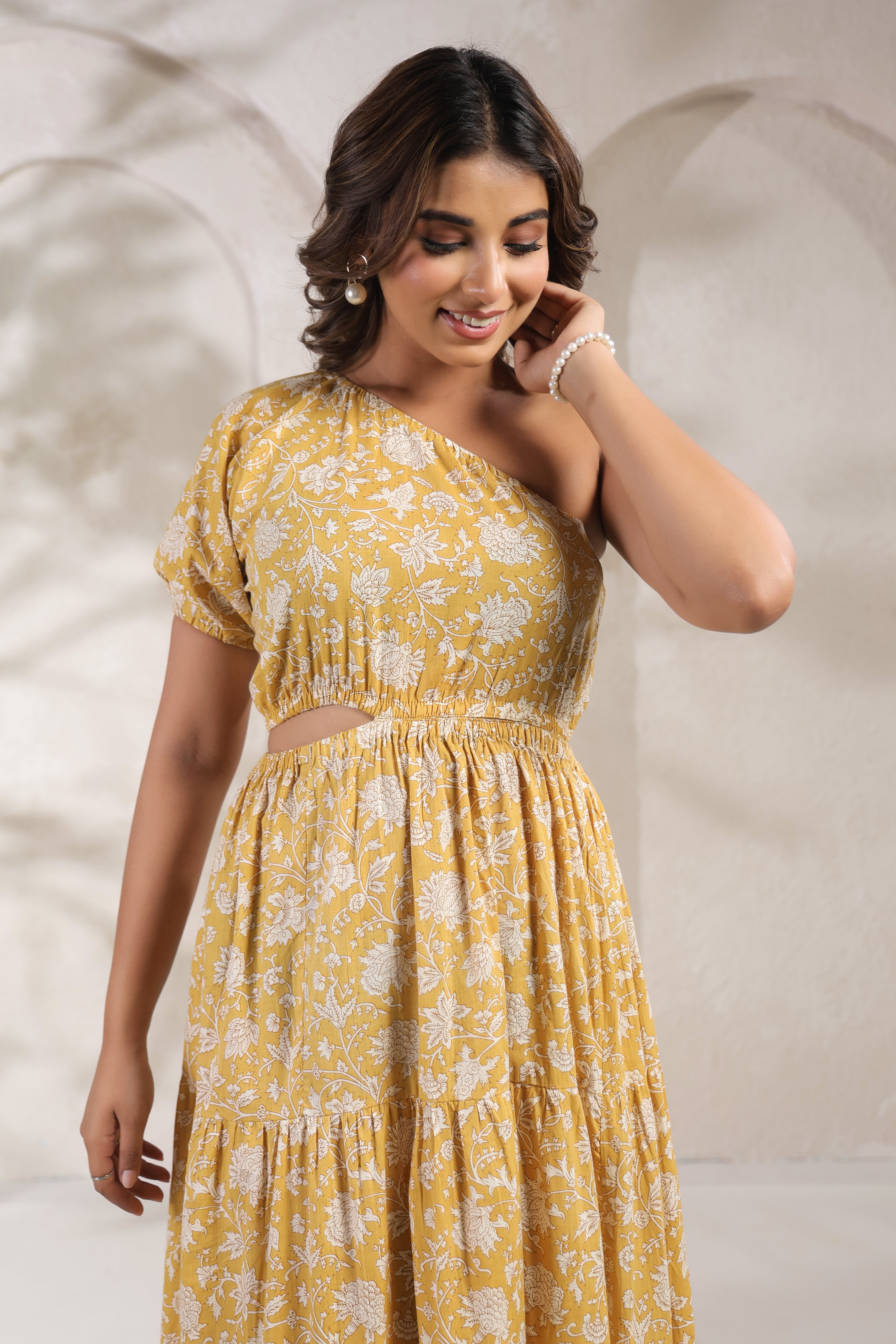 Mustard Yellow One-Shoulder A-Line Kurti