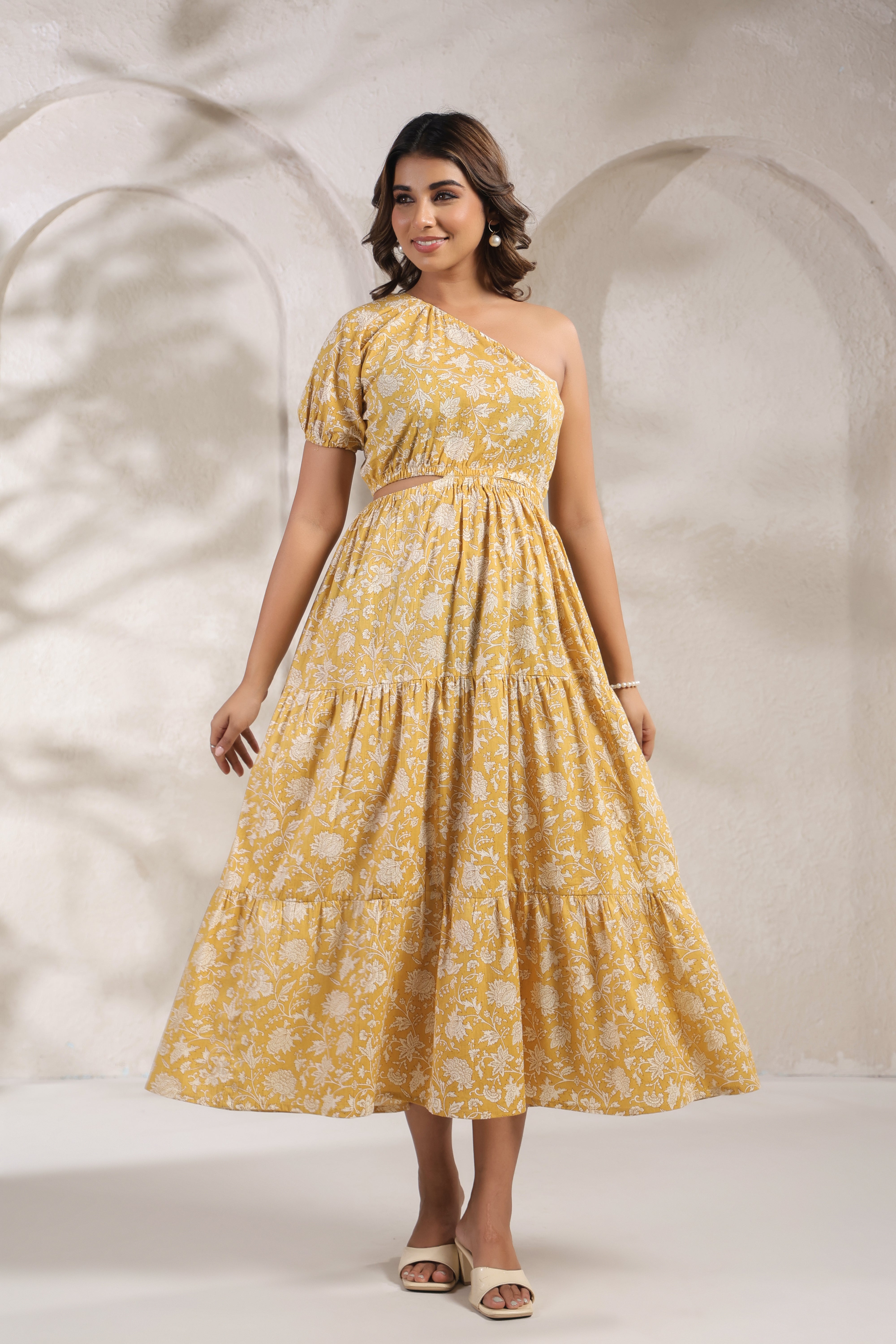 Mustard Yellow One-Shoulder A-Line Kurti