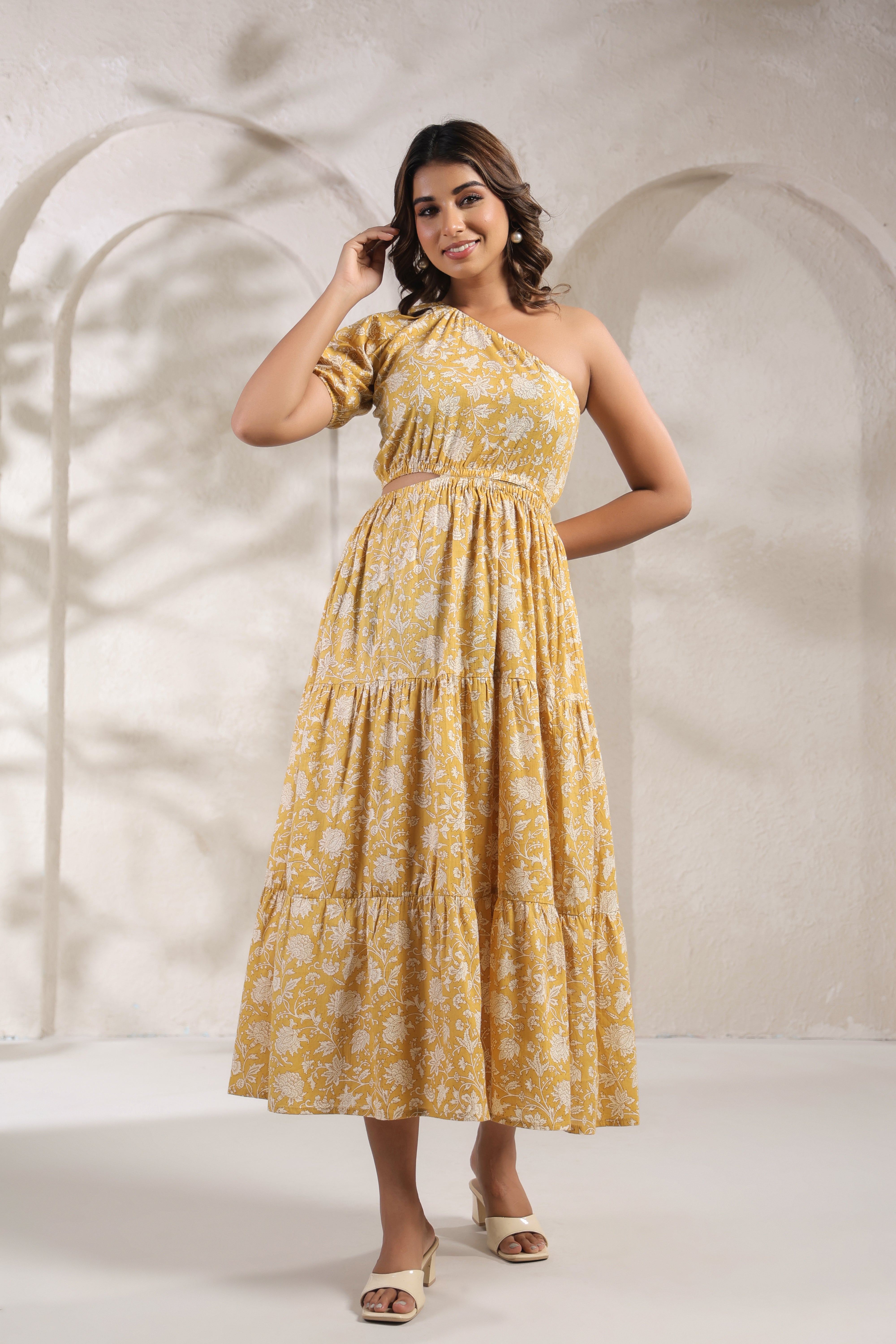 Mustard Yellow One-Shoulder A-Line Kurti