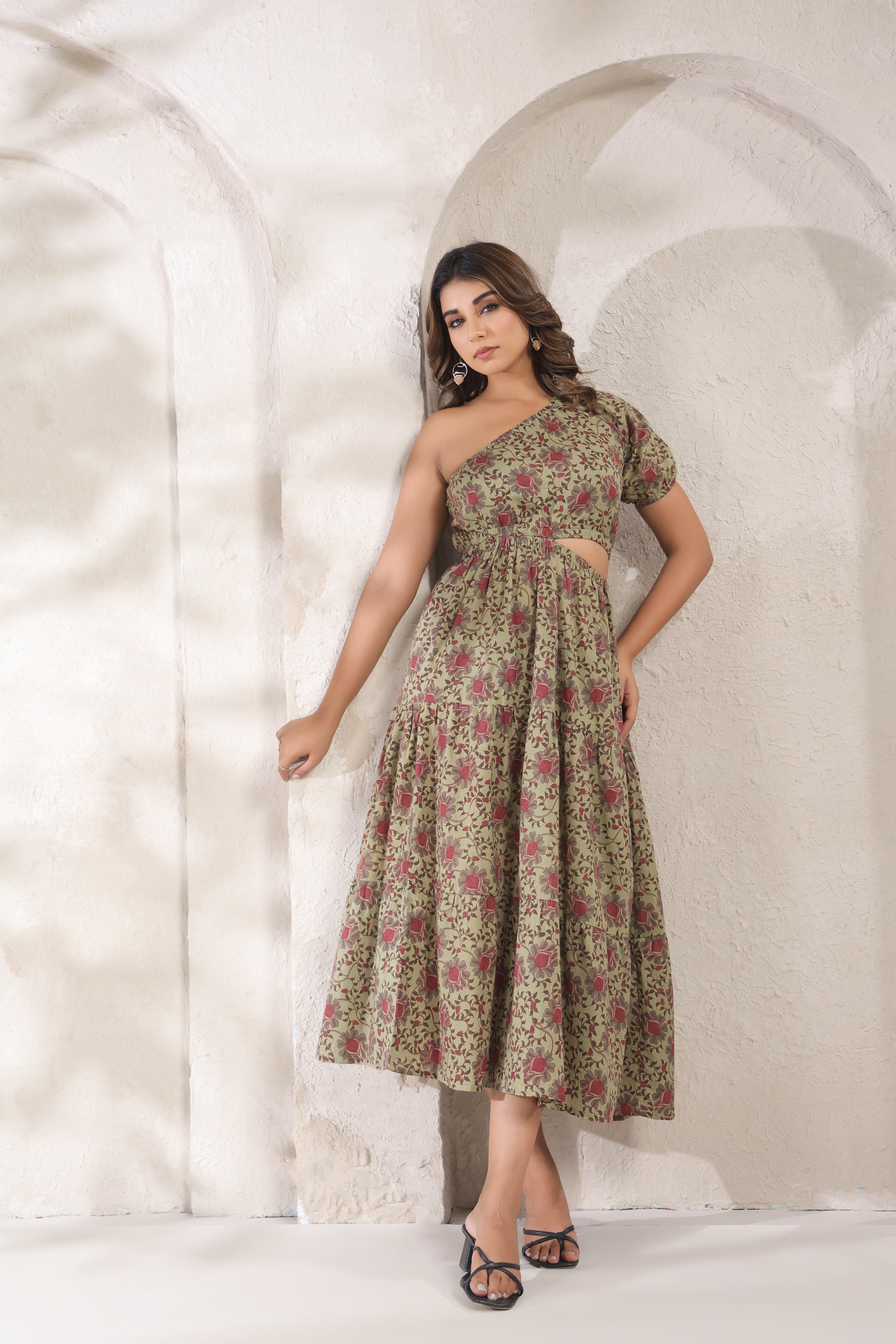 Olive Green One-Shoulder Floral A-Line Kurti
