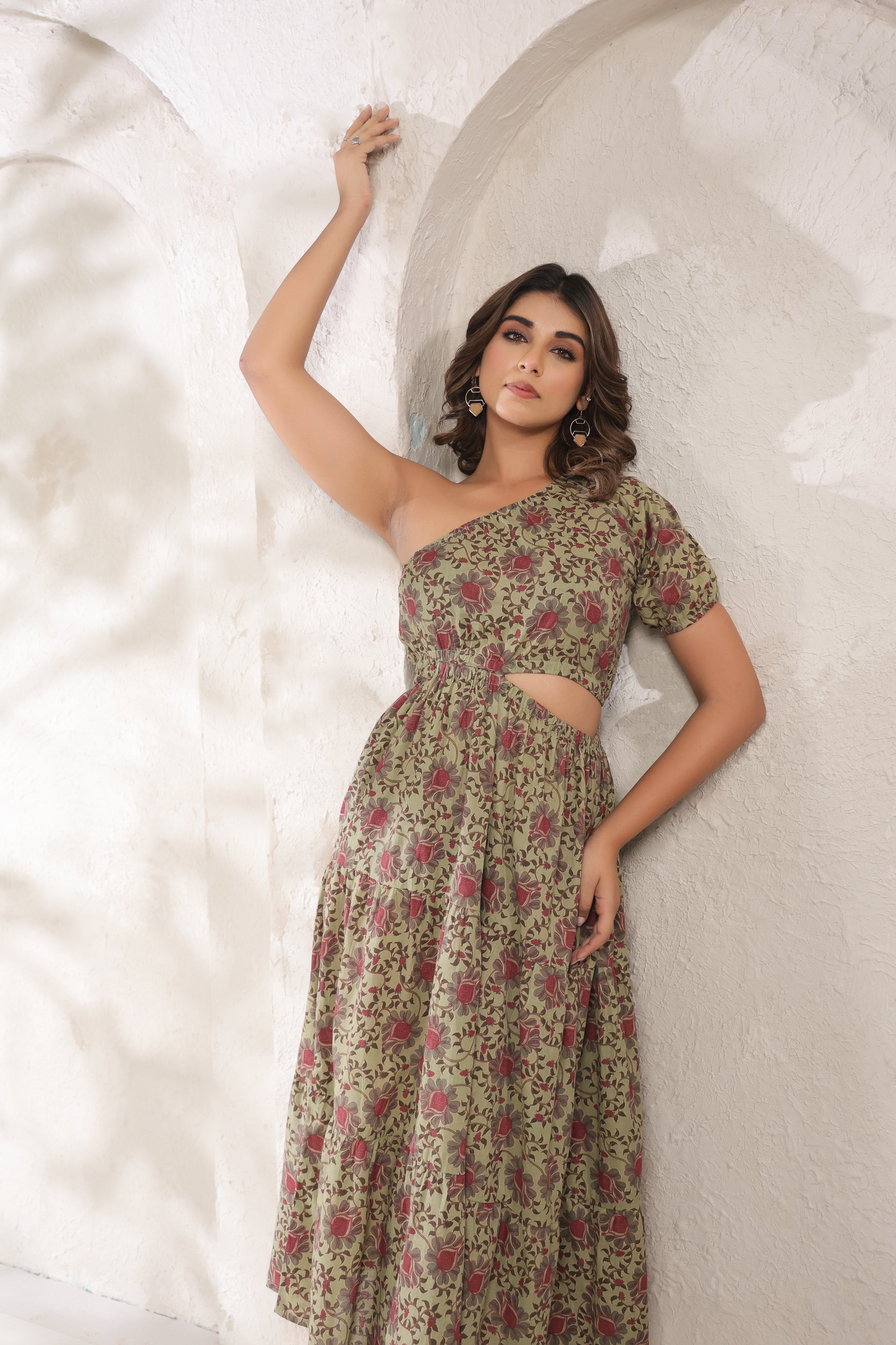Olive Green One-Shoulder Floral A-Line Kurti