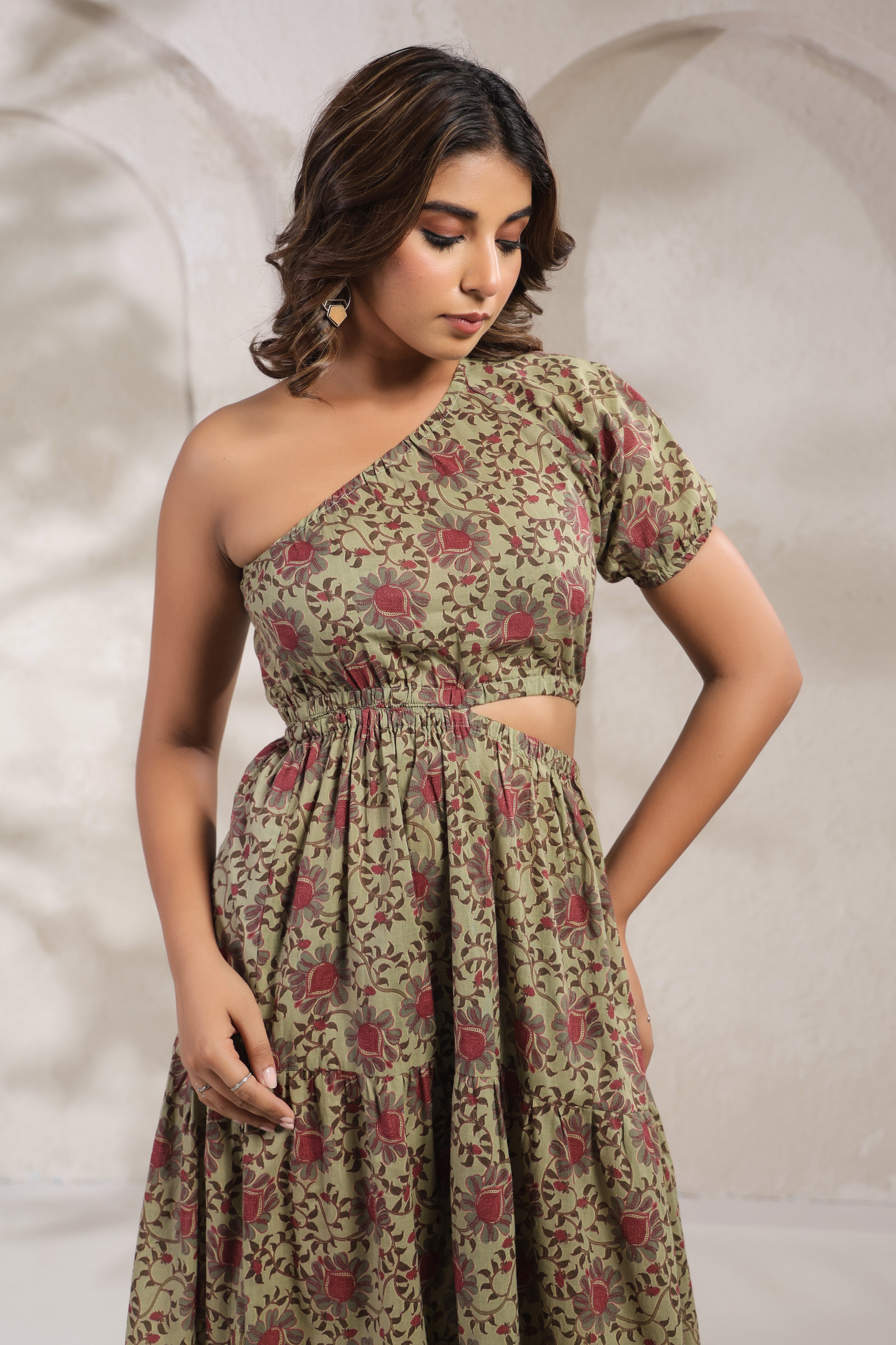 Olive Green One-Shoulder Floral A-Line Kurti