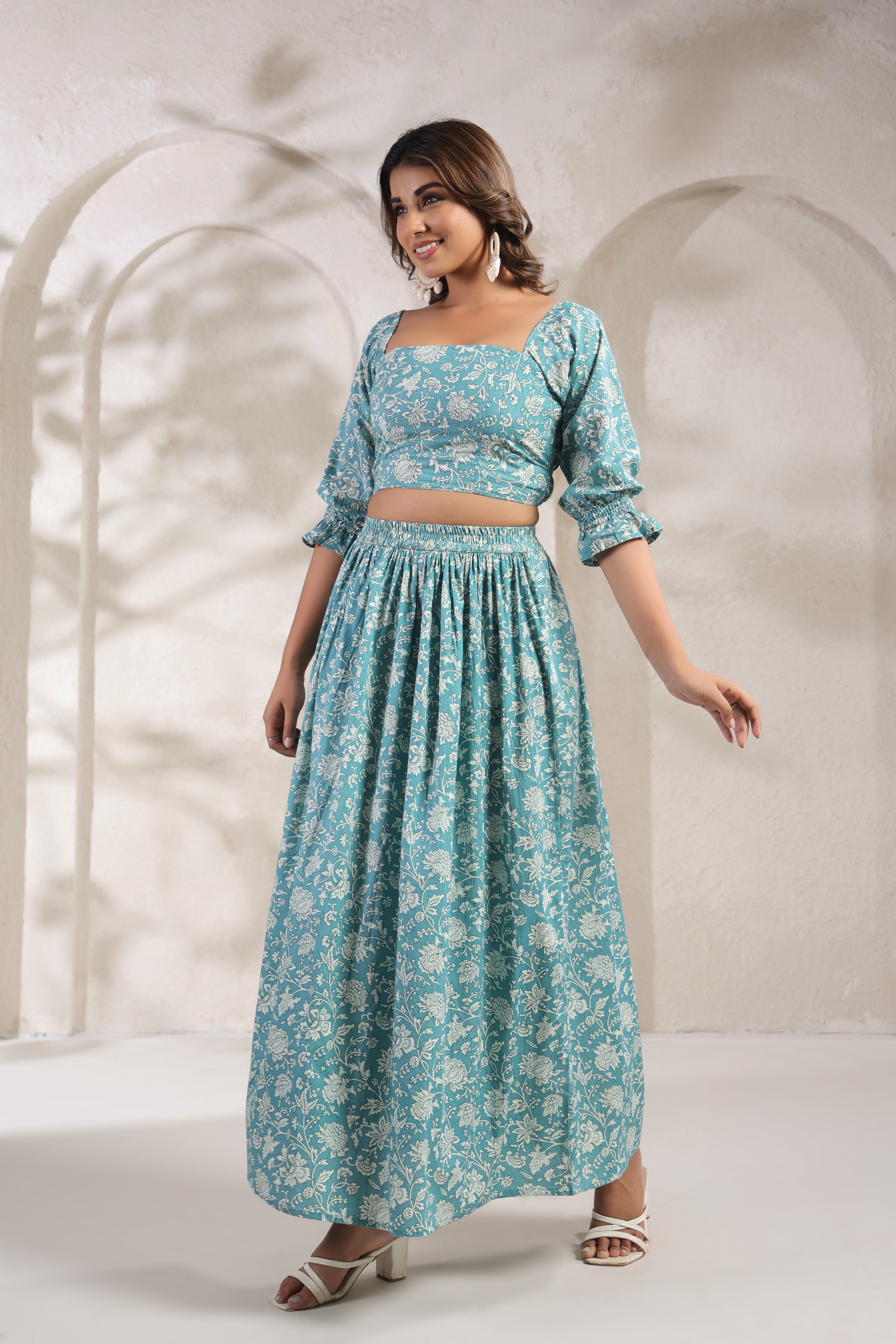 Teal Floral Printed Cotton Crop Top & Skirt Set