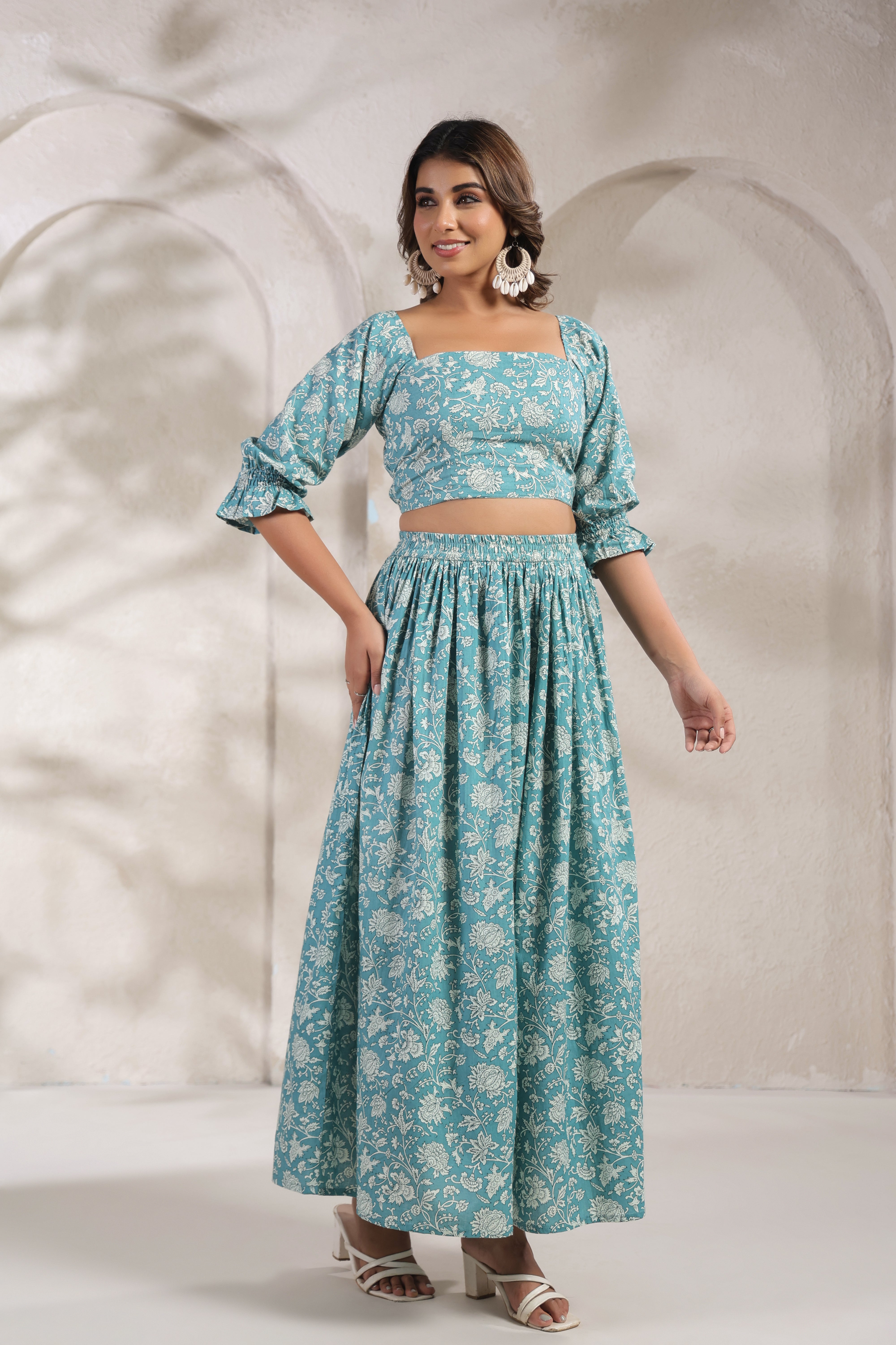 Teal Floral Printed Cotton Crop Top & Skirt Set
