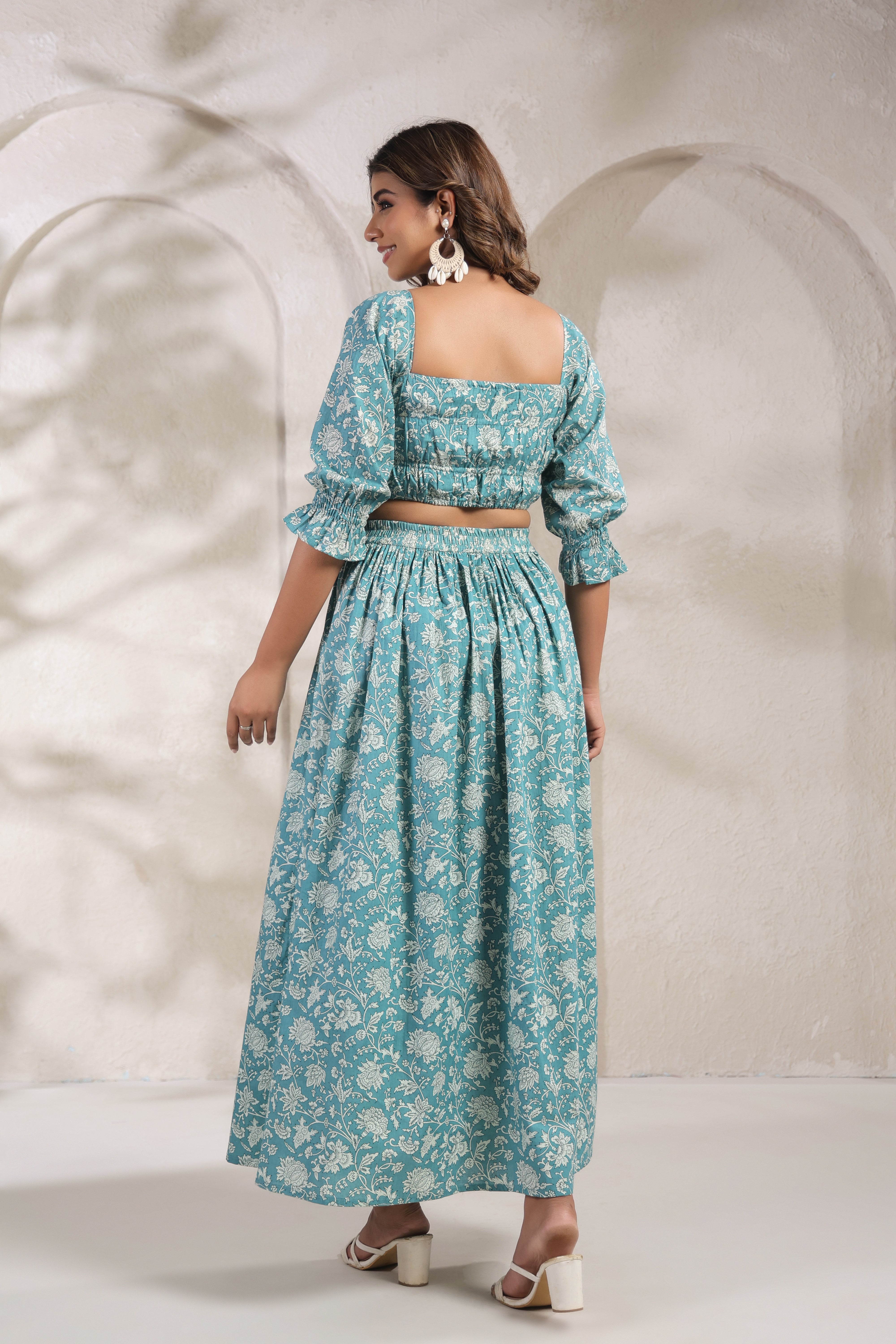 Teal Floral Printed Cotton Crop Top & Skirt Set