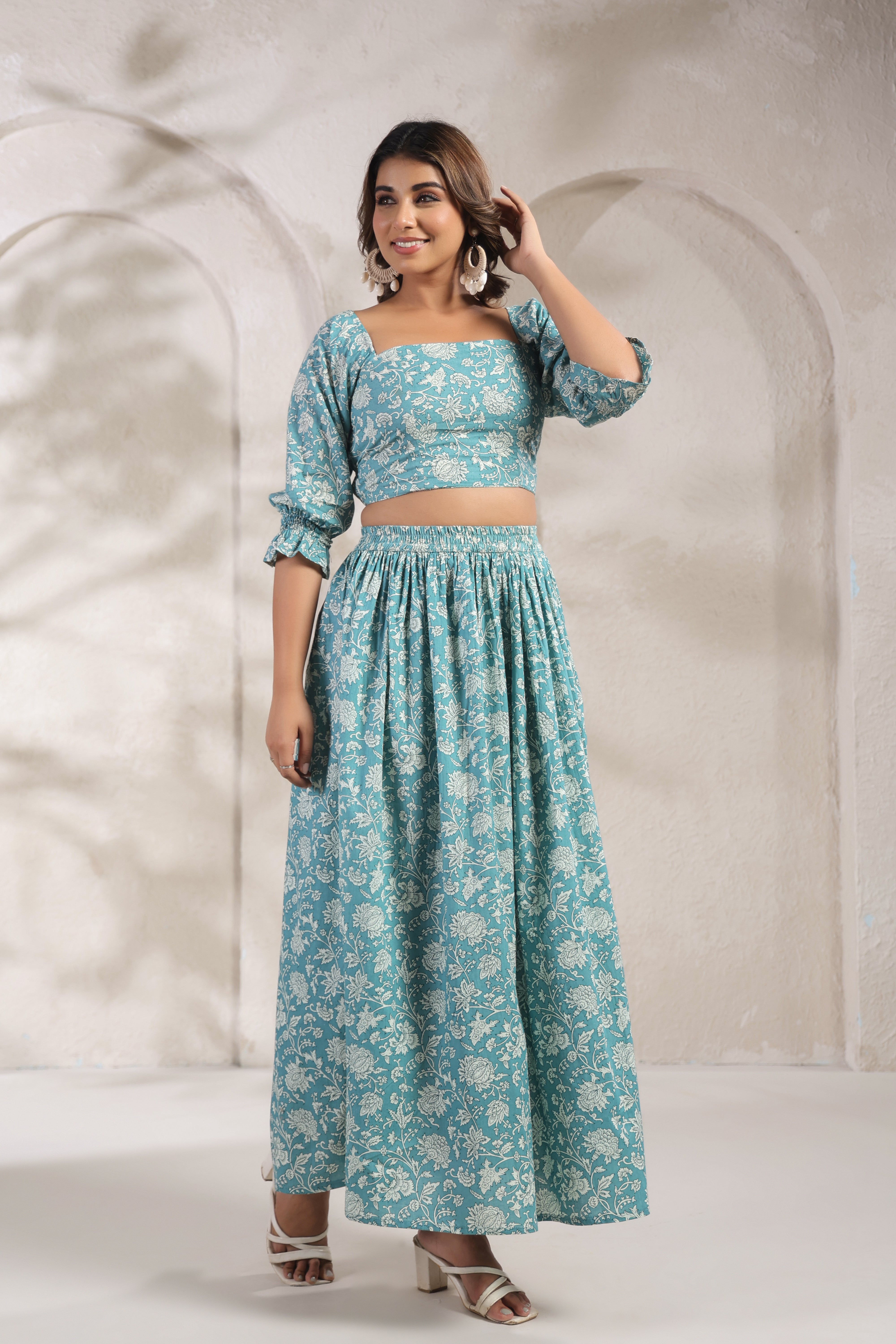 Teal Floral Printed Cotton Crop Top & Skirt Set
