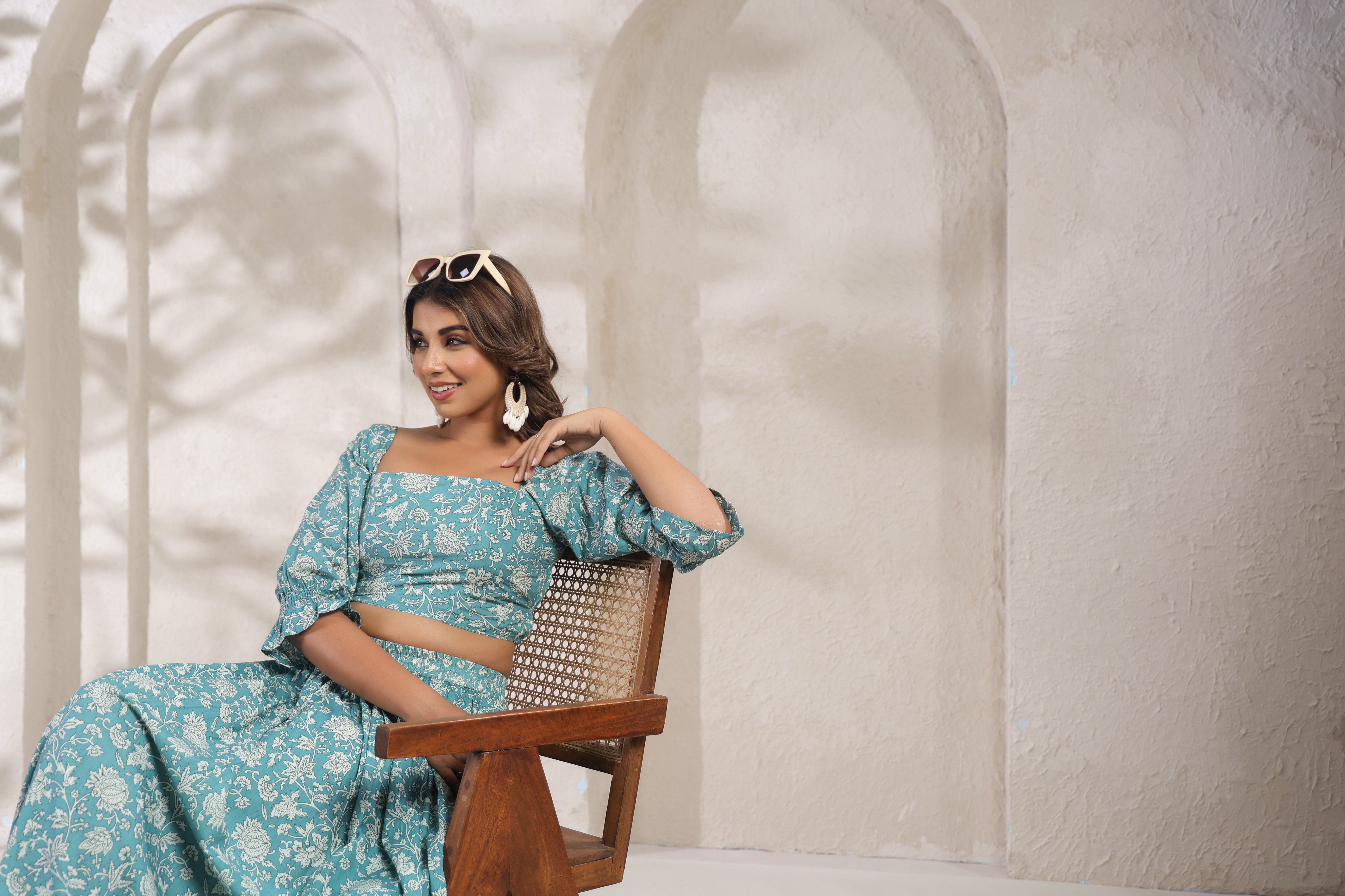 Teal Floral Printed Cotton Crop Top & Skirt Set