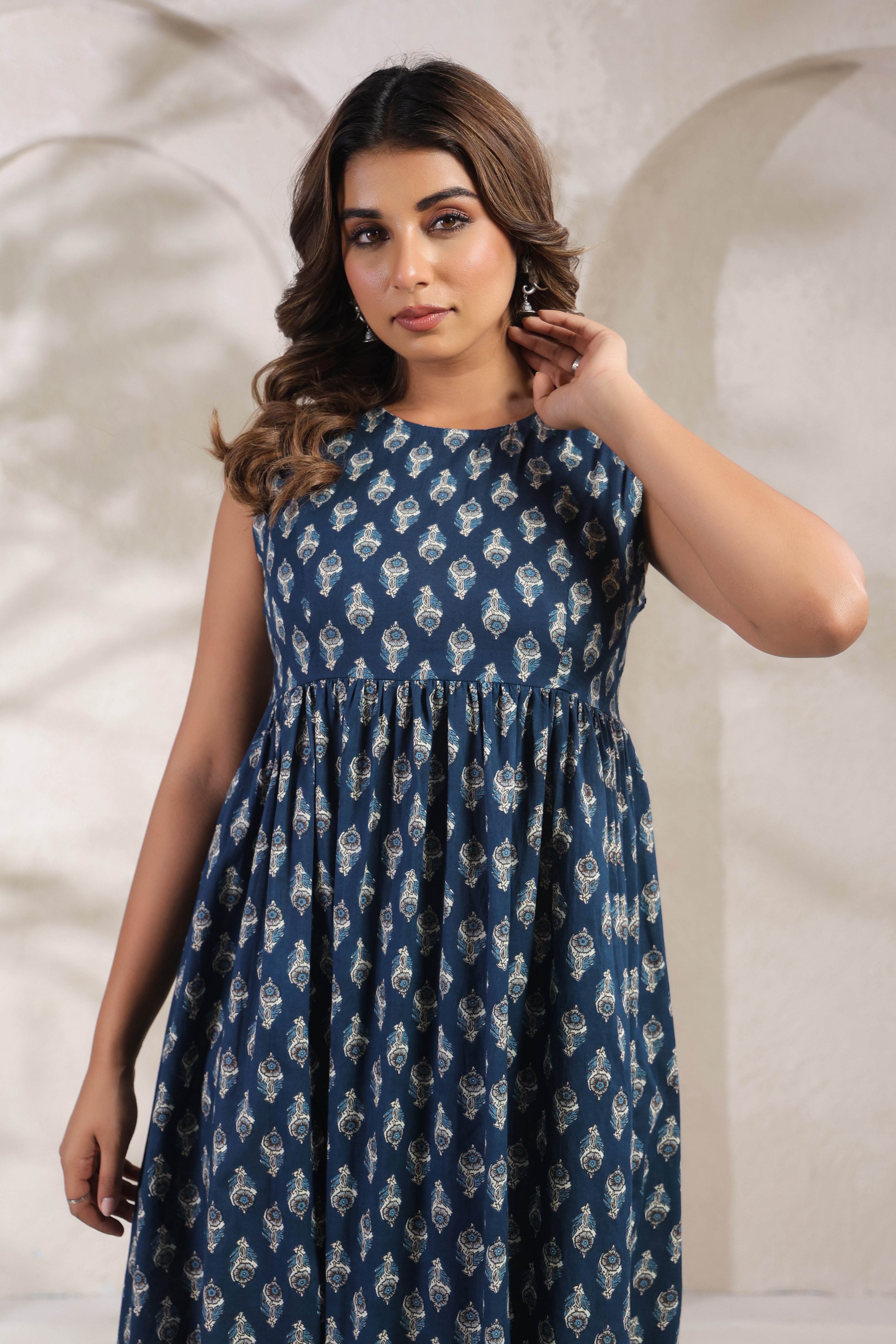 Indigo Blue Printed Cotton Sleeveless Kurti
