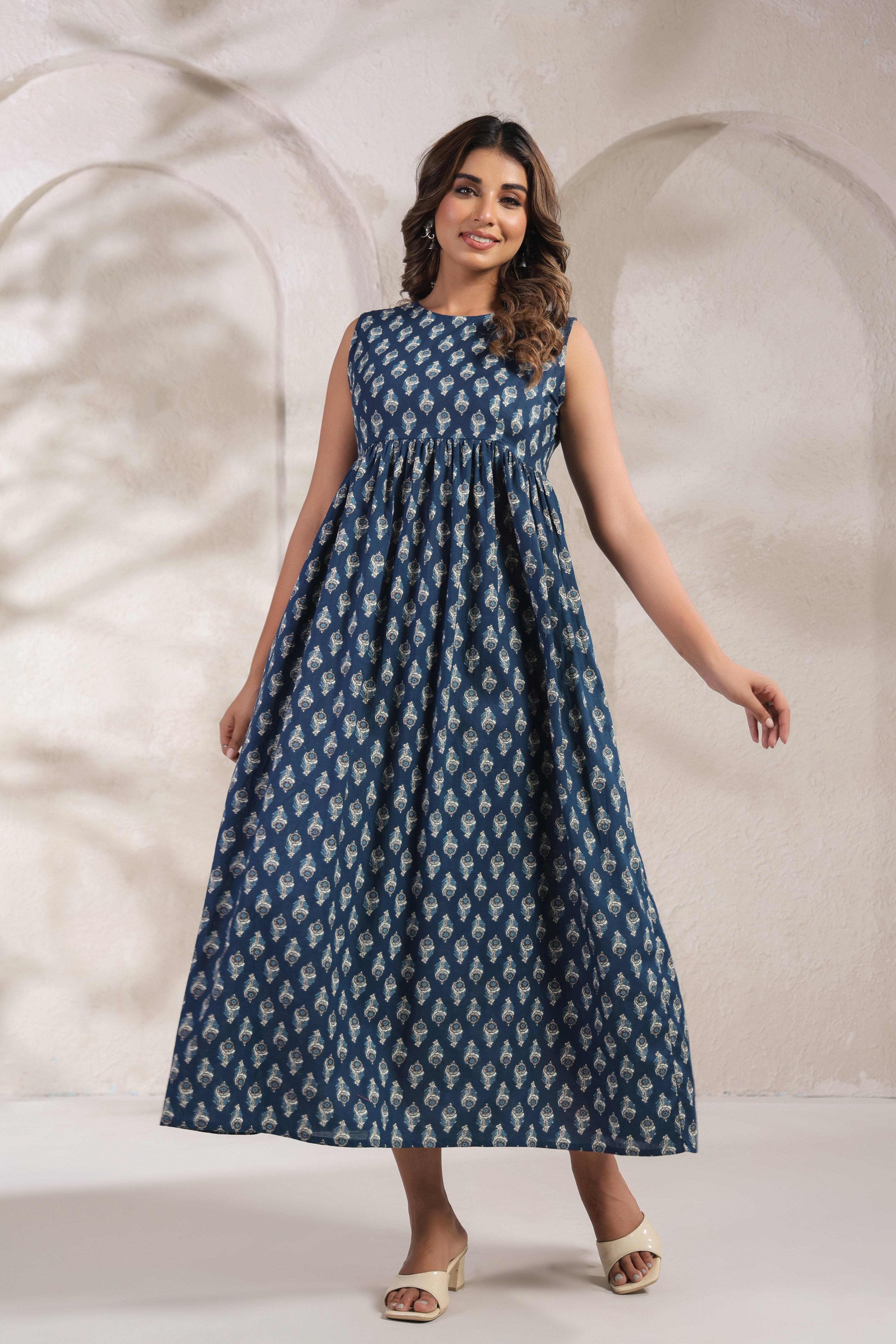 Indigo Blue Printed Cotton Sleeveless Kurti