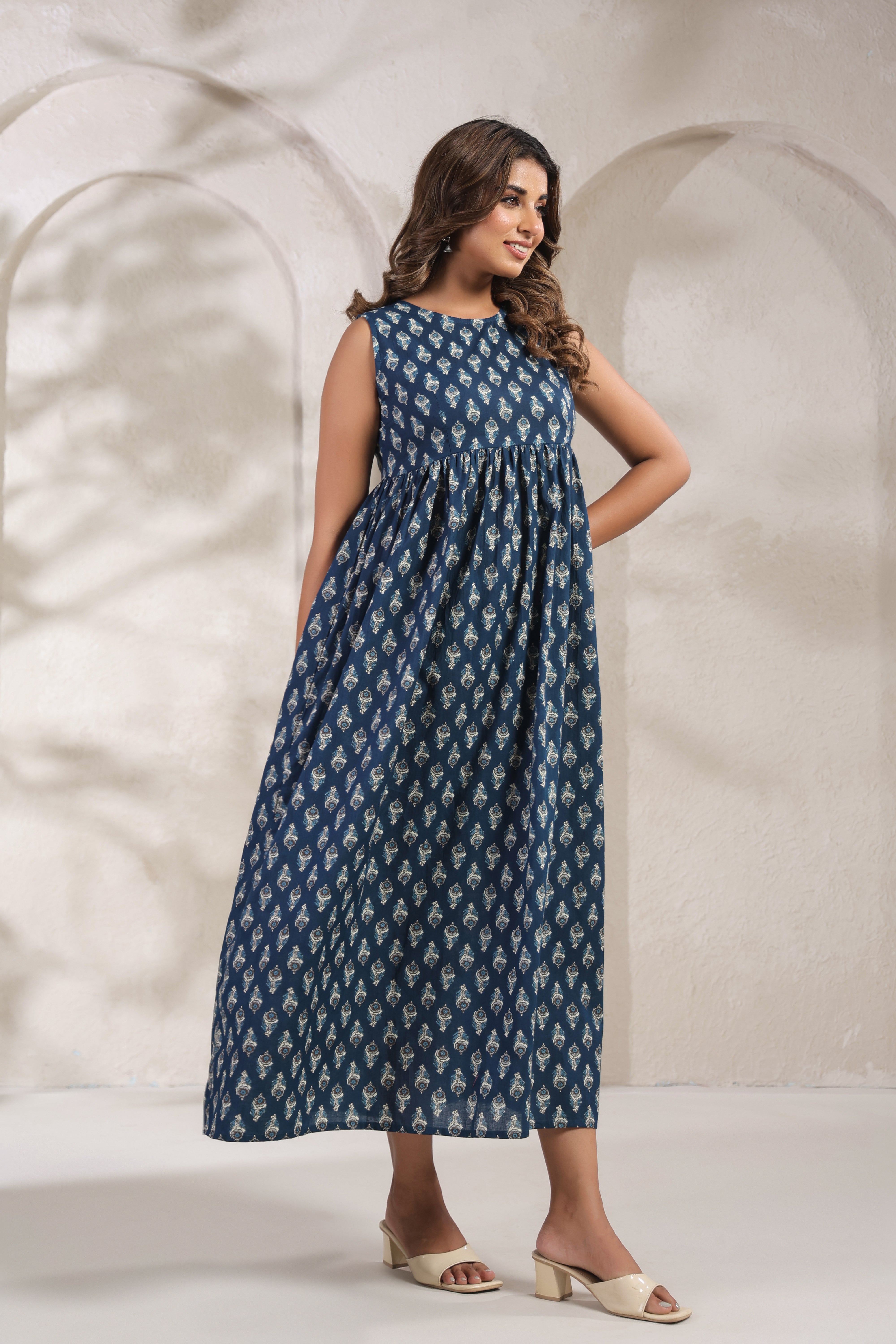 Indigo Blue Printed Cotton Sleeveless Kurti