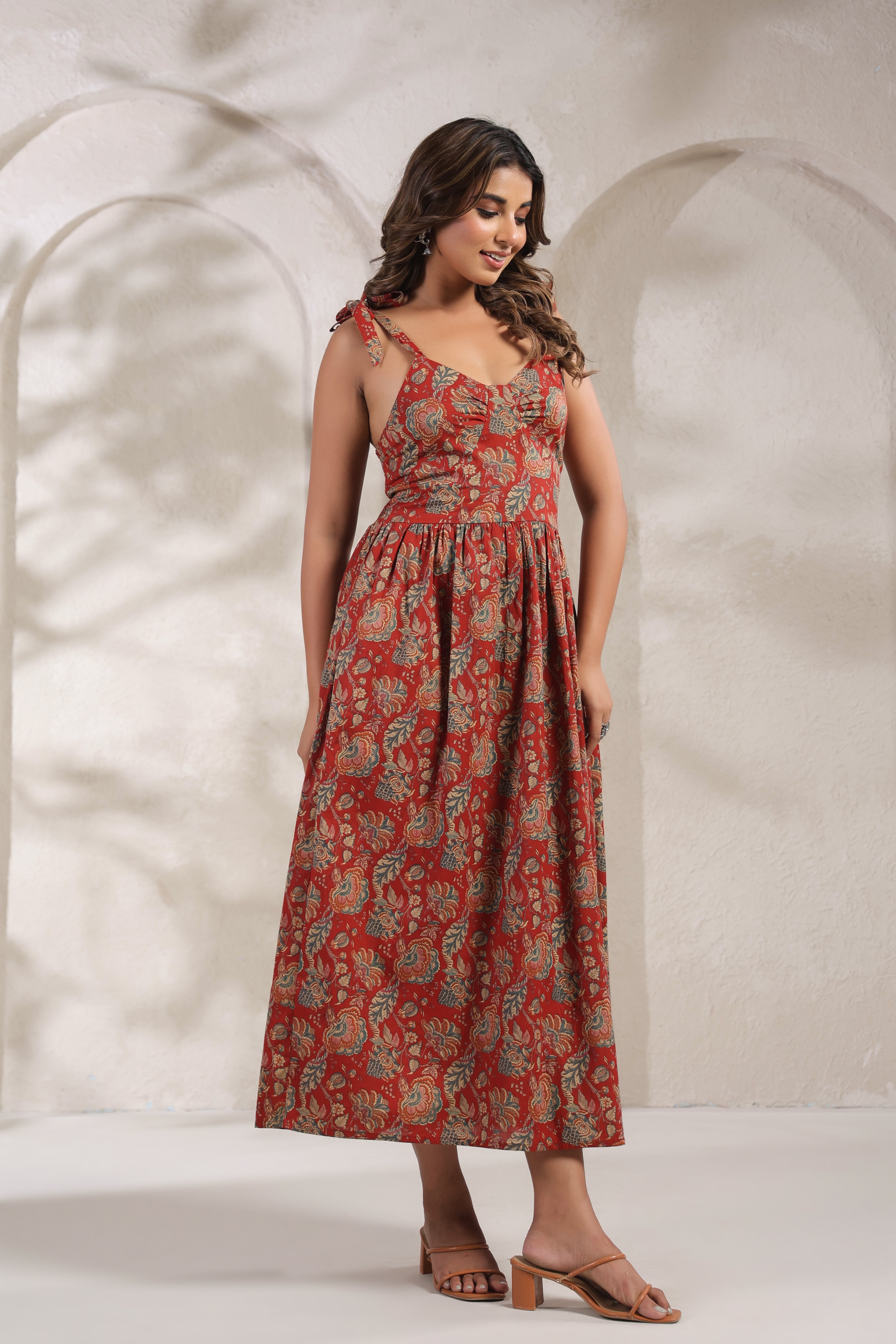 Red Floral Printed Cotton Anarkali Kurti