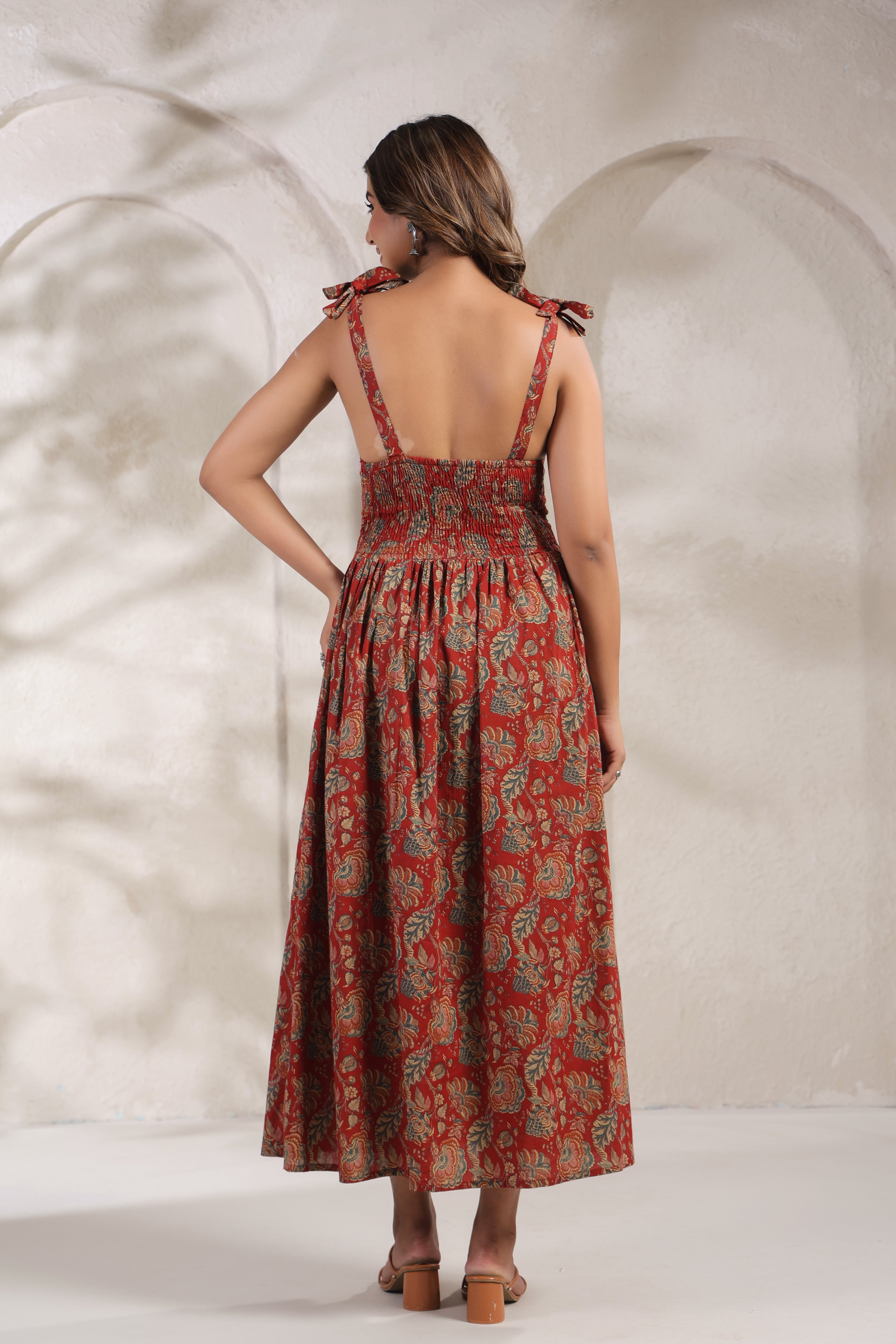 Red Floral Printed Cotton Anarkali Kurti