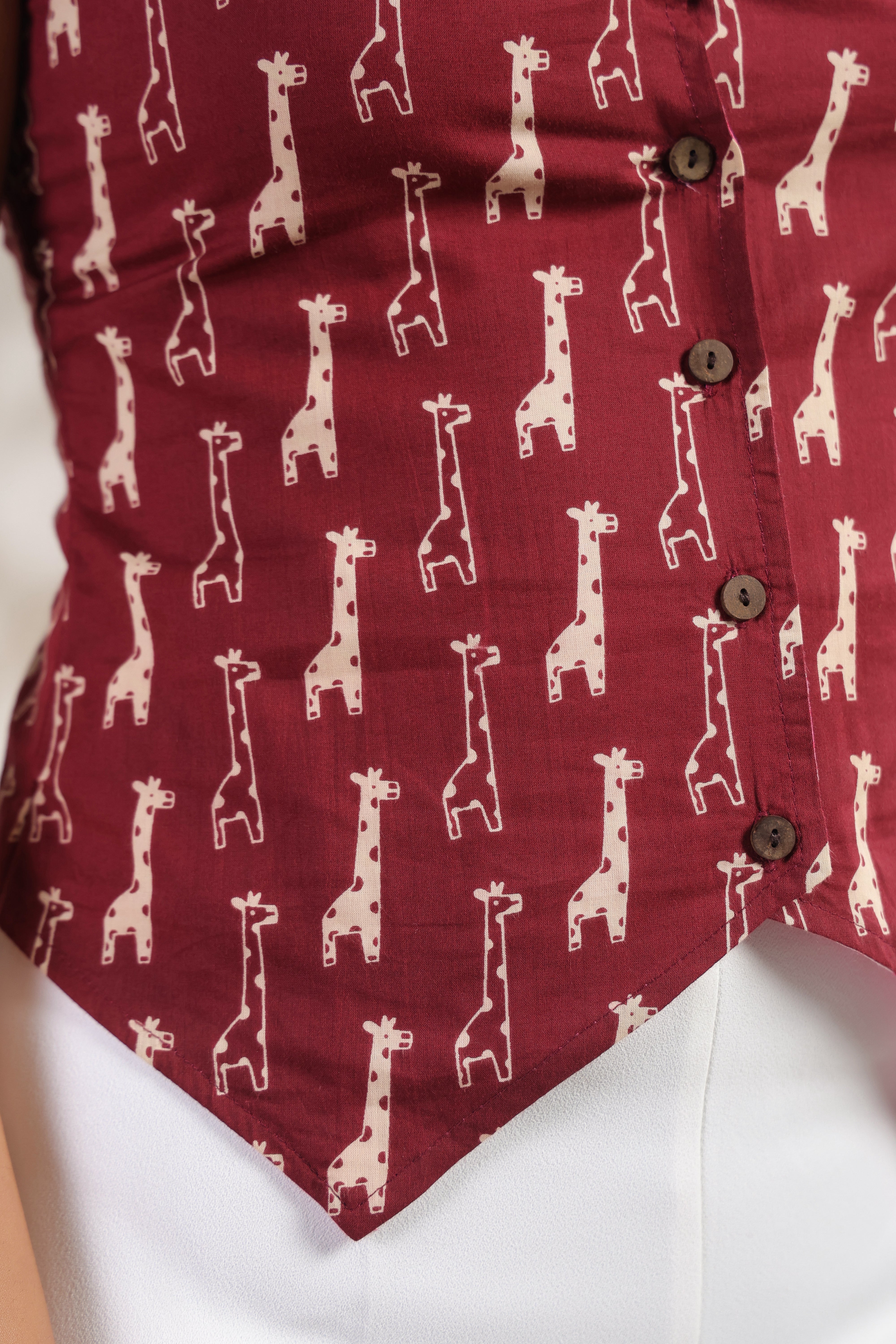 Maroon Giraffe Print Sleeveless Kurti Top