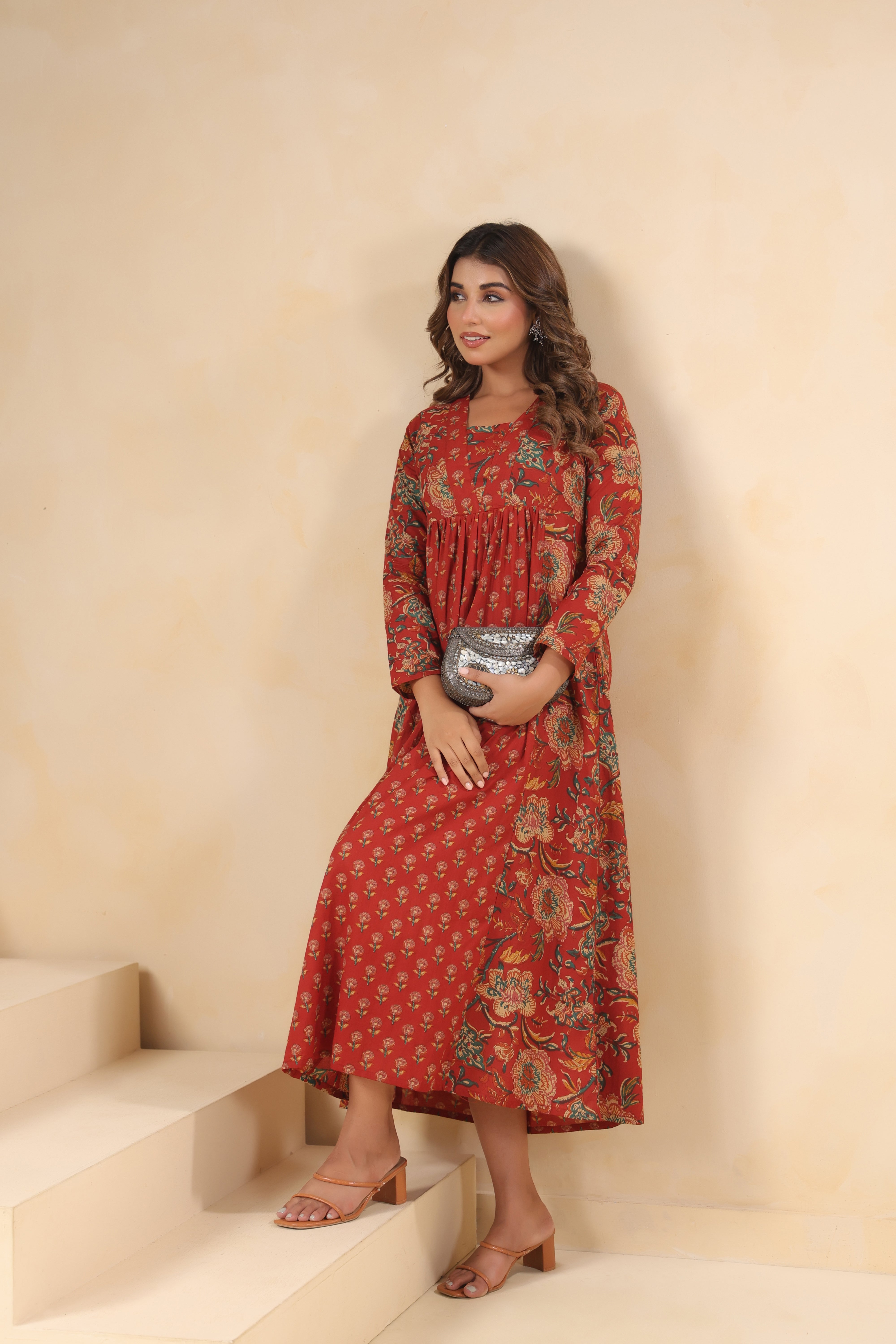 Hand-Block Print Full-Length Kurti with Full Sleeves