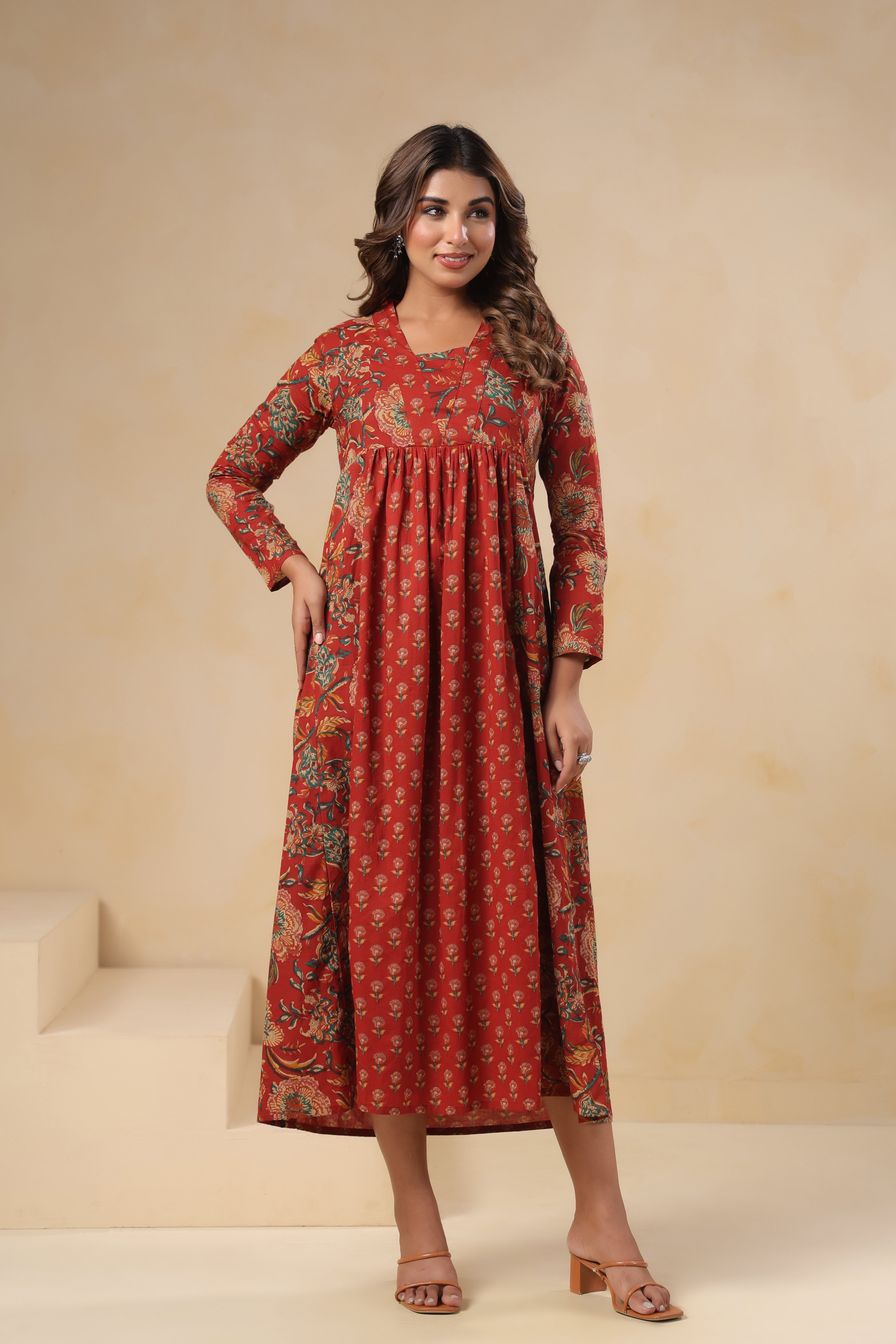Hand-Block Print Full-Length Kurti with Full Sleeves