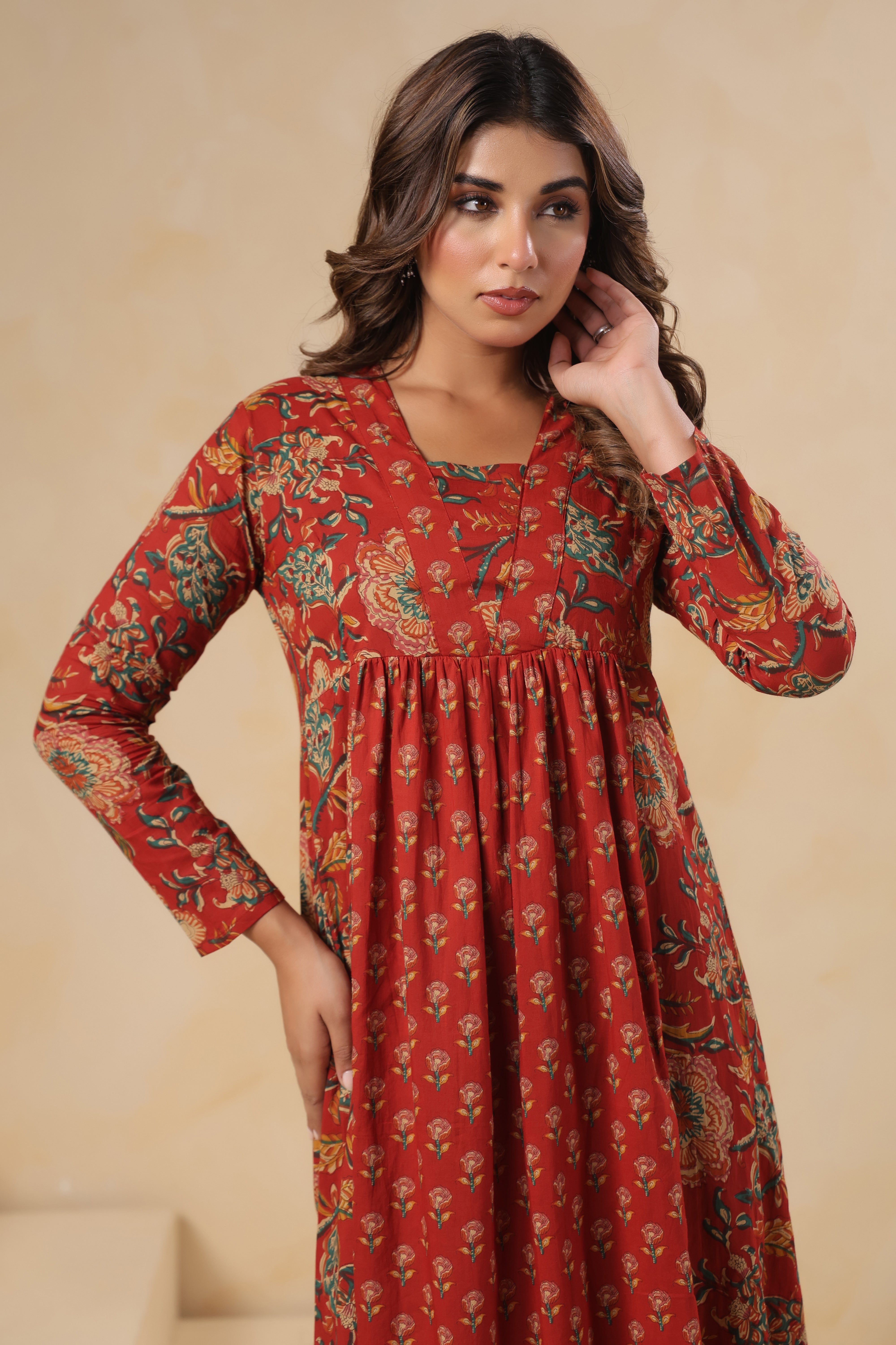 Hand-Block Print Full-Length Kurti with Full Sleeves