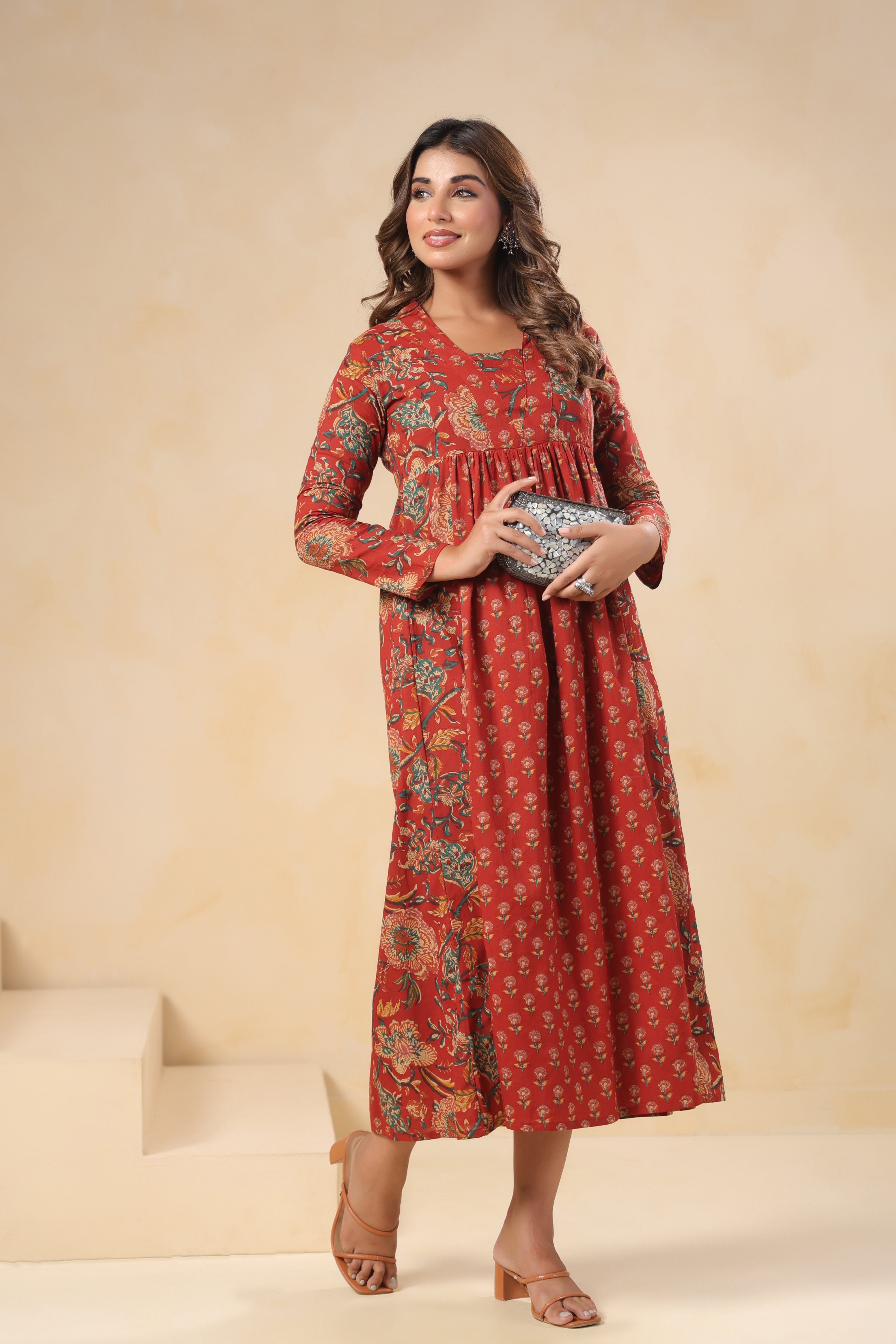 Hand-Block Print Full-Length Kurti with Full Sleeves