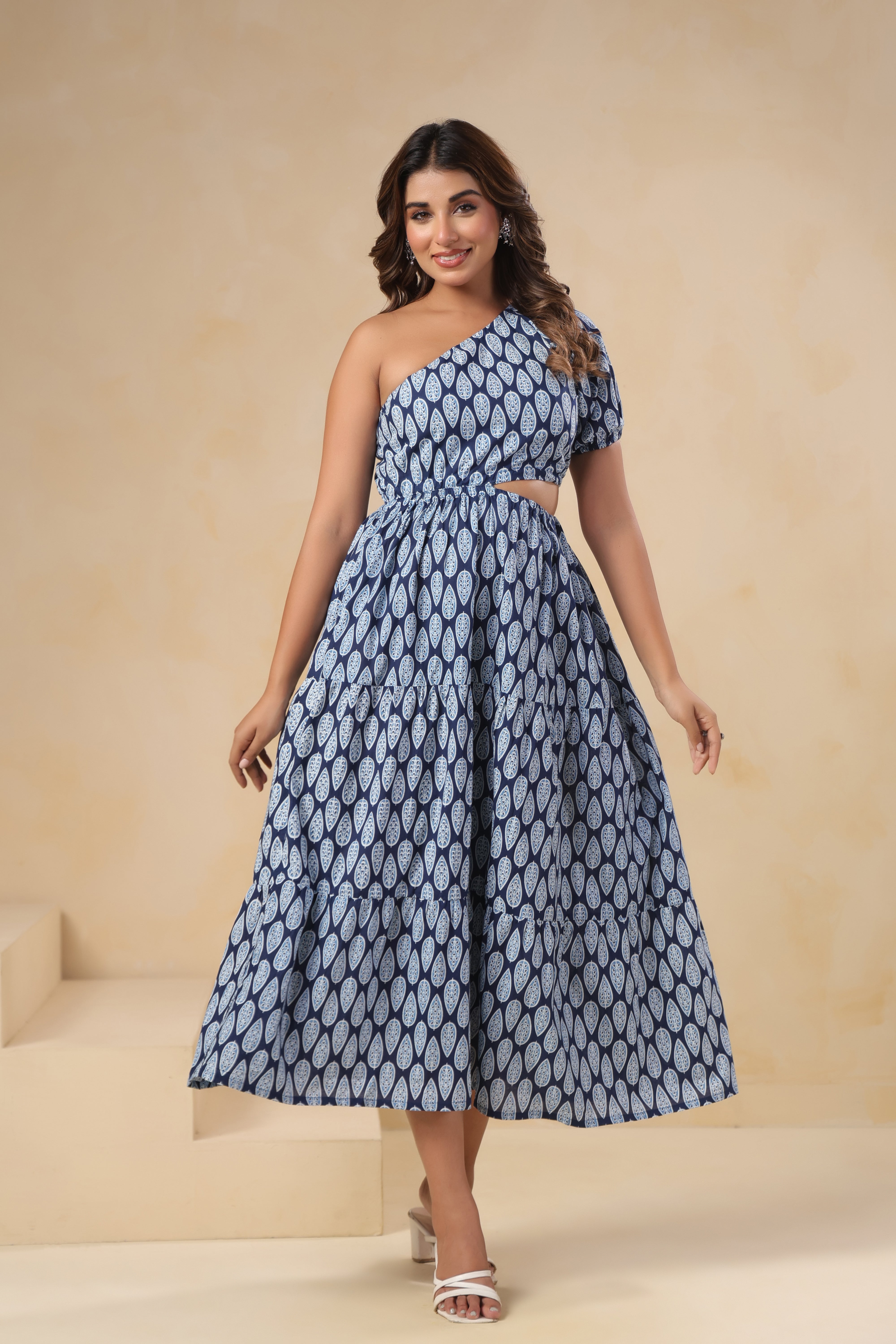 Indigo Blue One-Shoulder Dress with Cut-Out