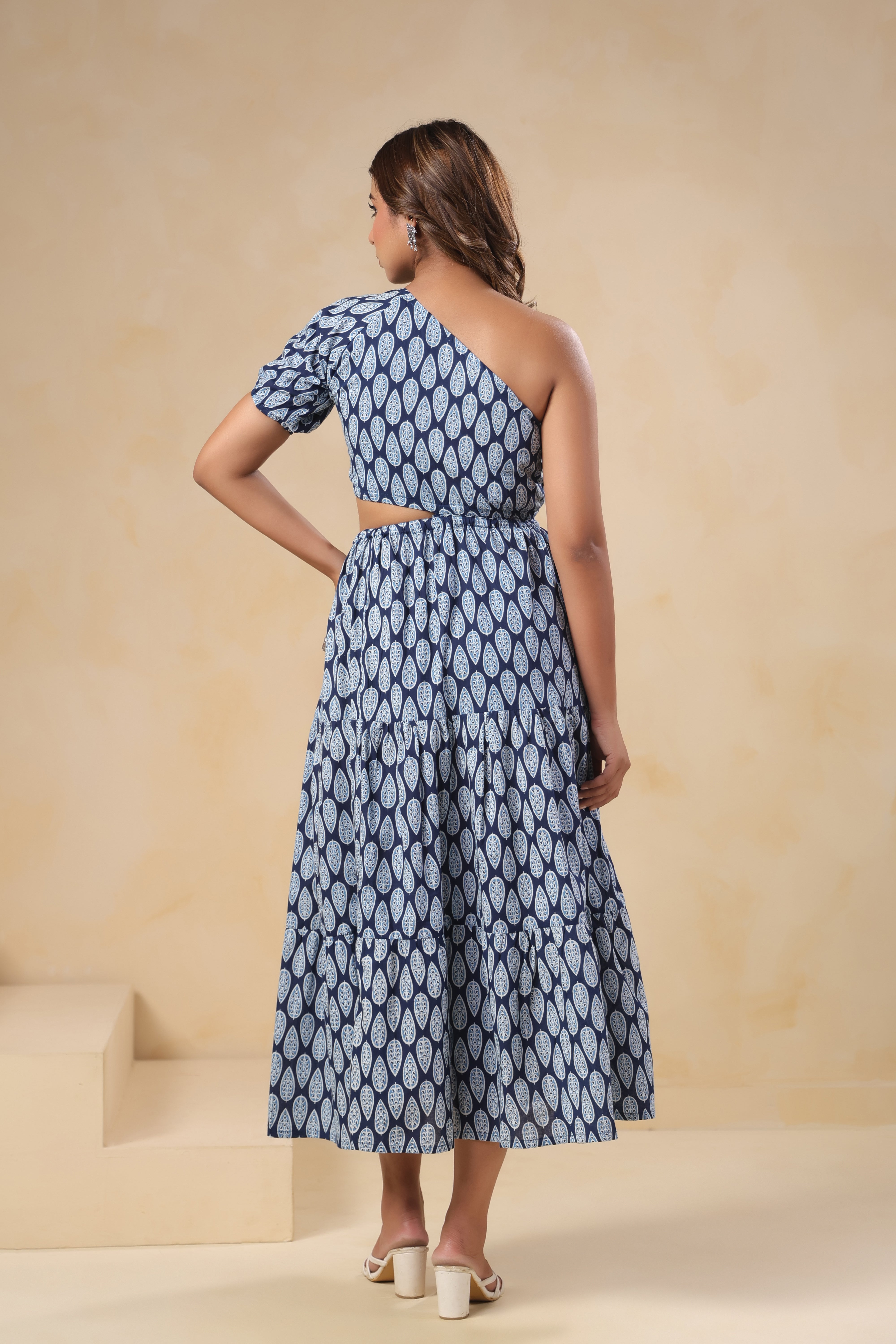 Indigo Blue One-Shoulder Dress with Cut-Out