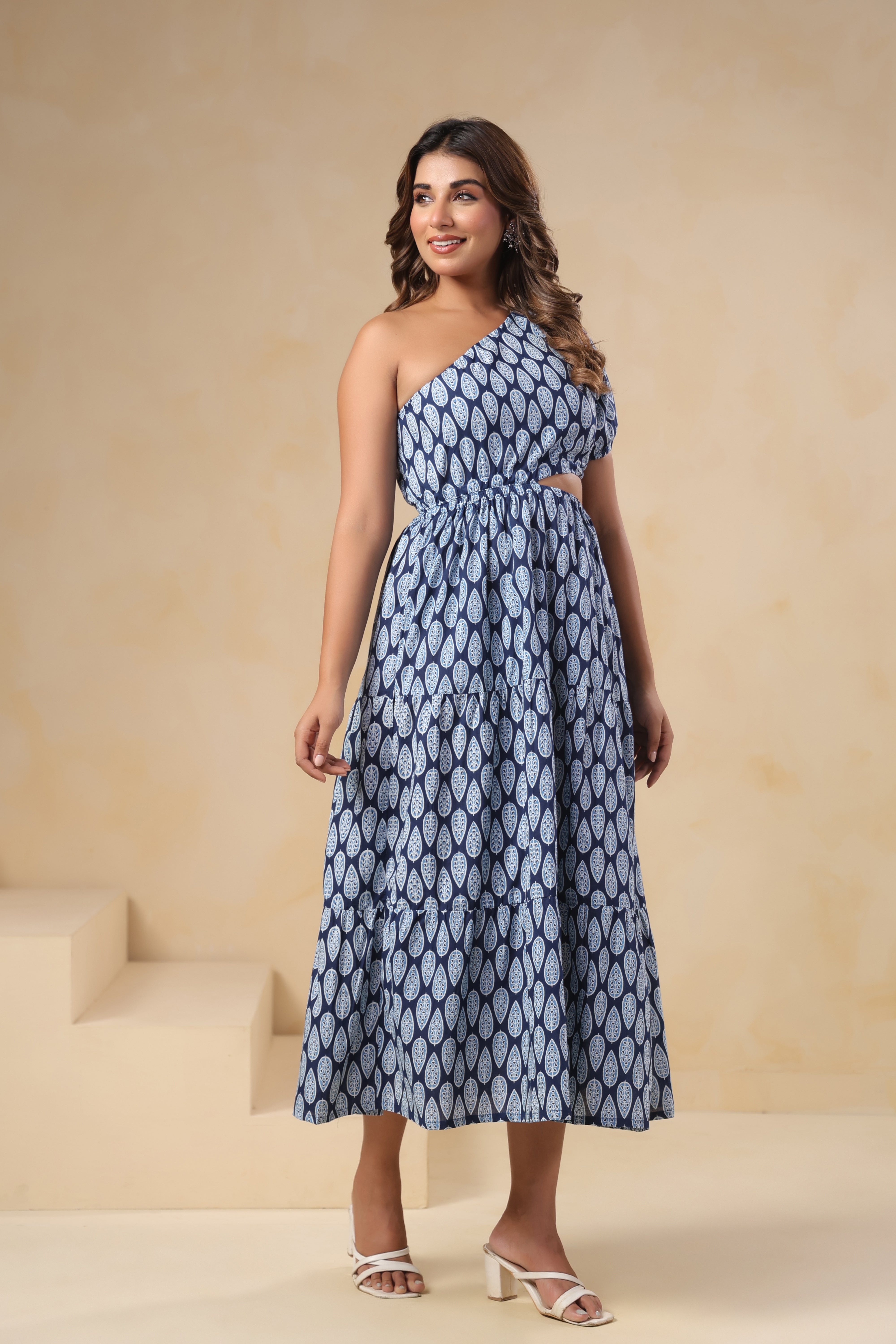 Indigo Blue One-Shoulder Dress with Cut-Out