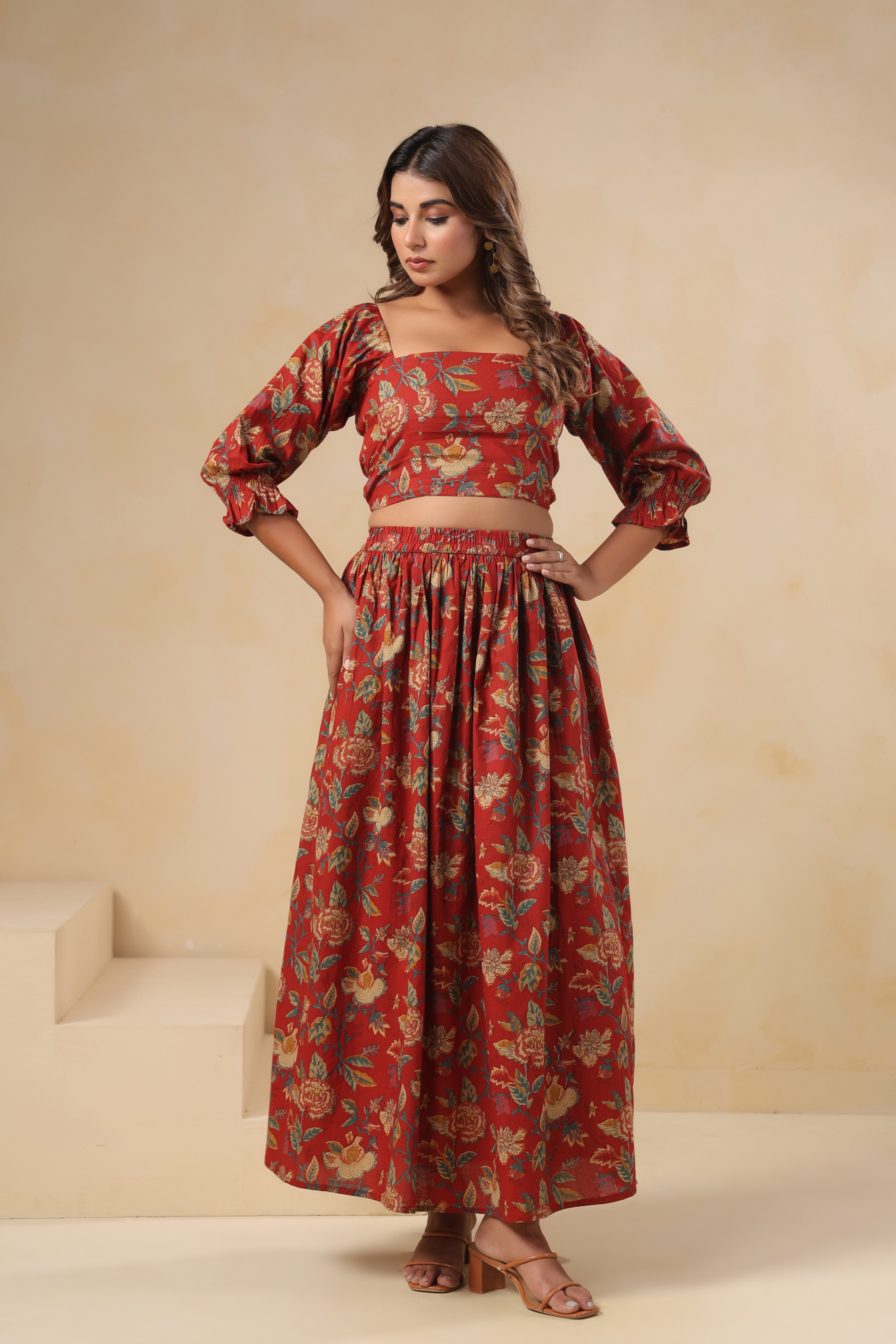 Red Floral Printed Cotton Crop Top & Skirt Set