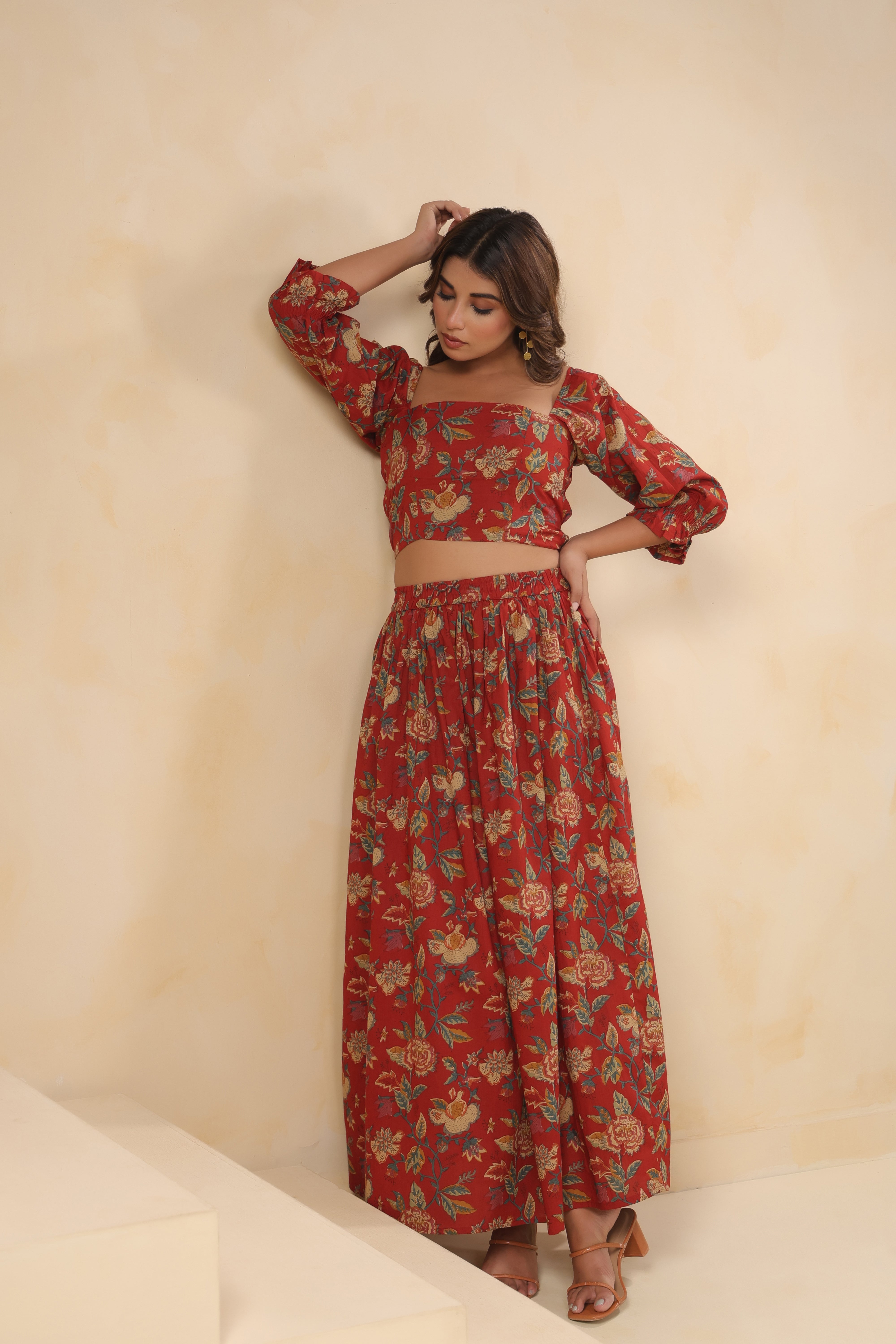 Red Floral Printed Cotton Crop Top & Skirt Set