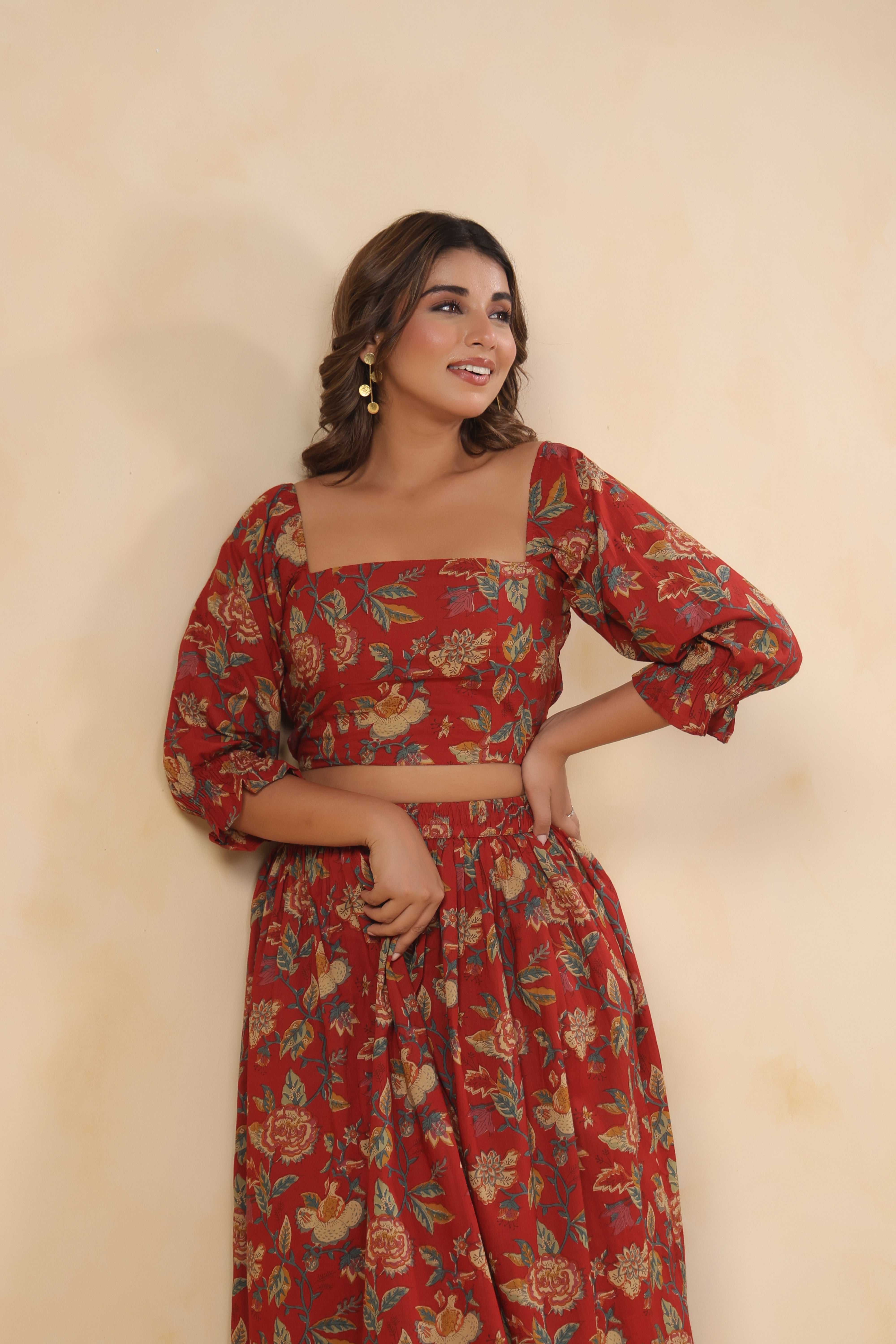 Red Floral Printed Cotton Crop Top & Skirt Set