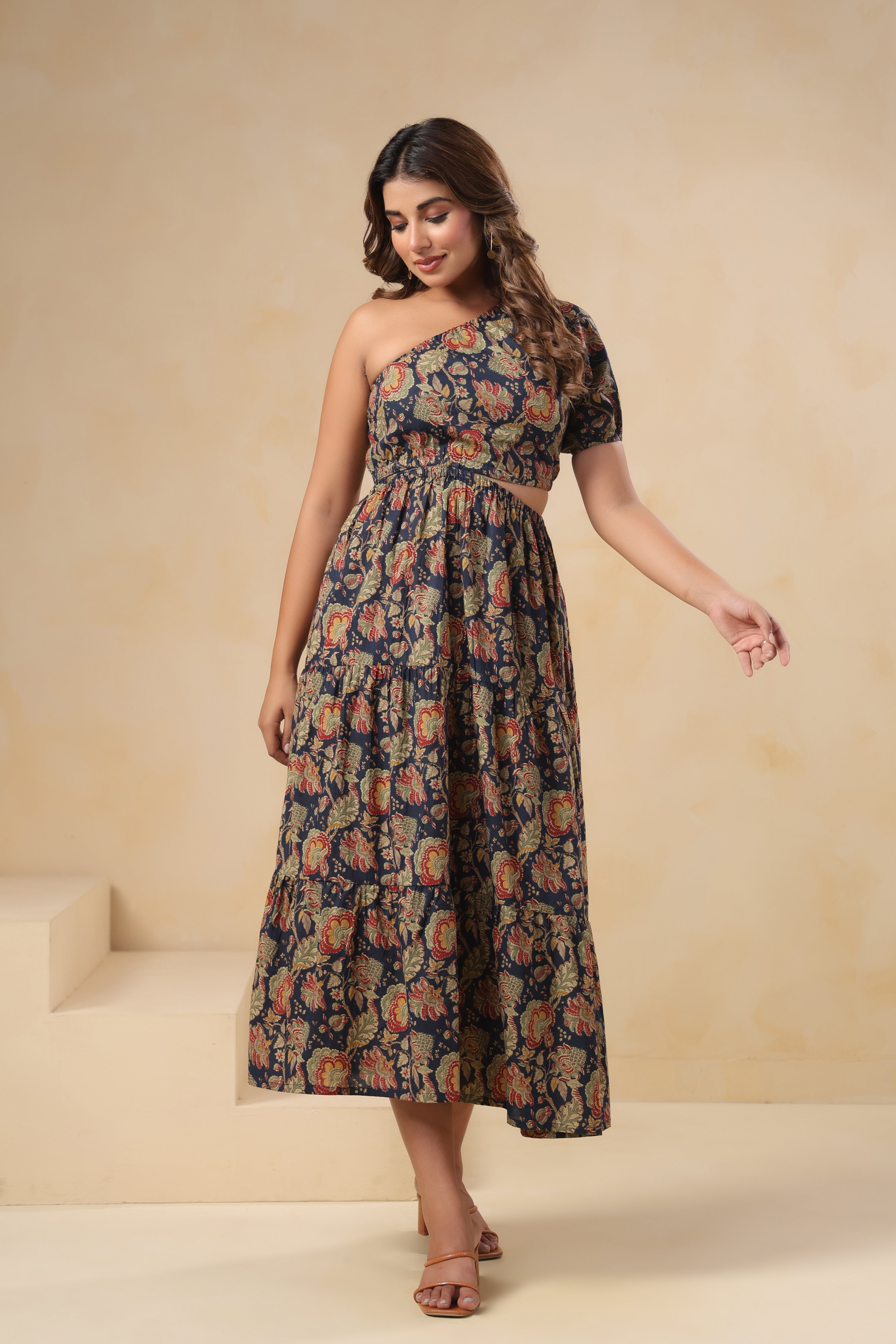 Navy Floral One-Shoulder Tiered Dress