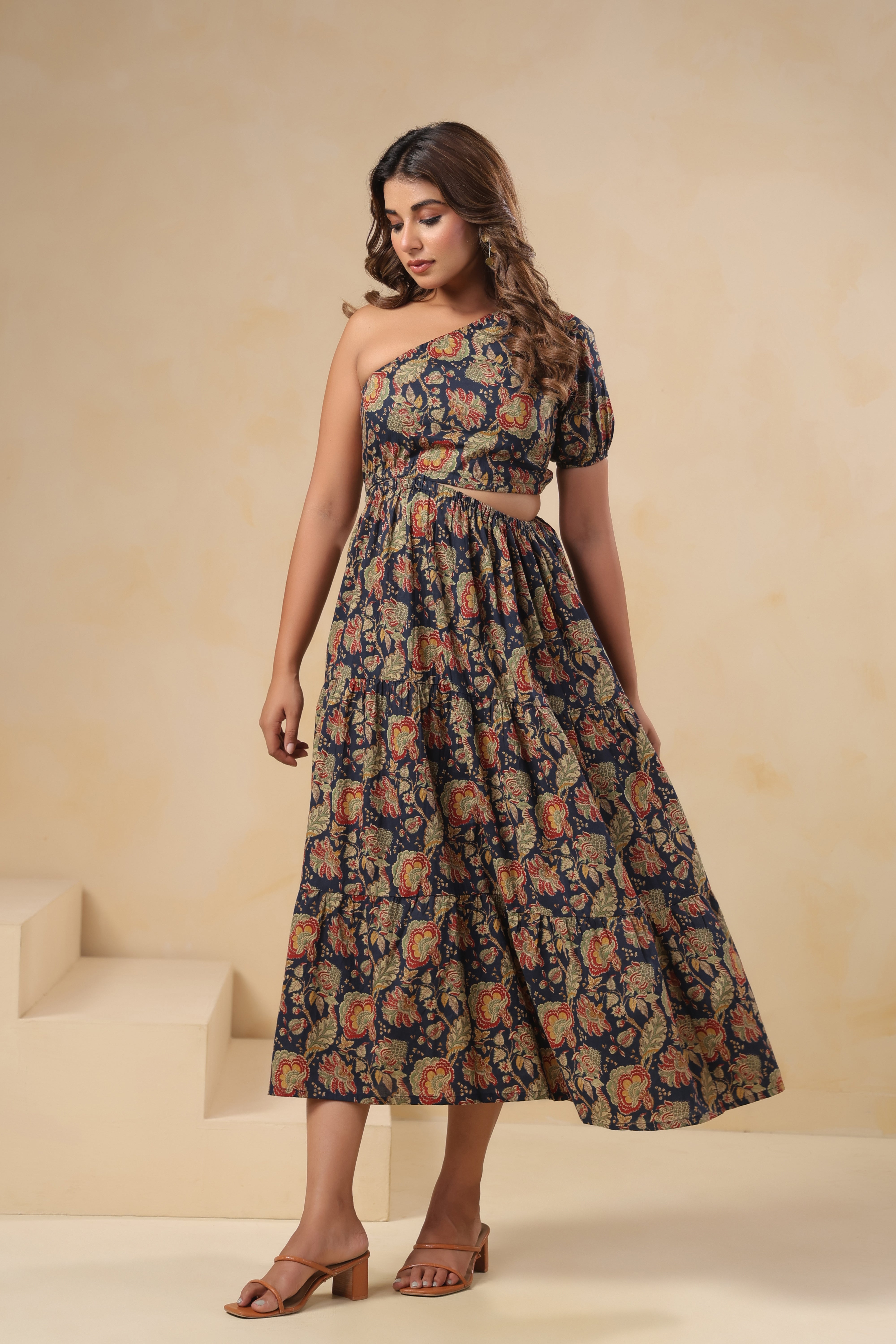 Navy Floral One-Shoulder Tiered Dress