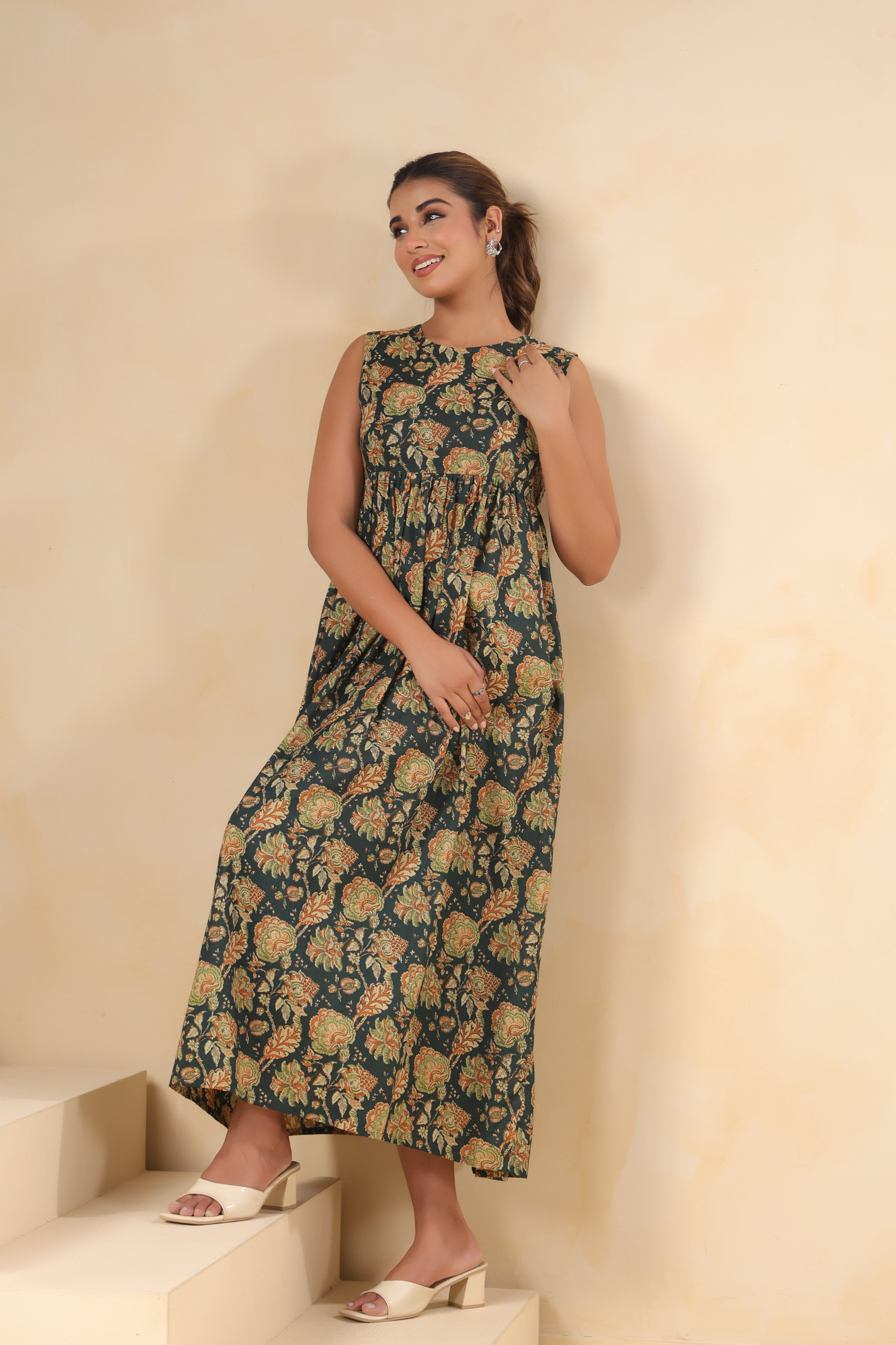 Forest Green Block Print Tiered Midi Dress - Sleeveless Cotton Maxi