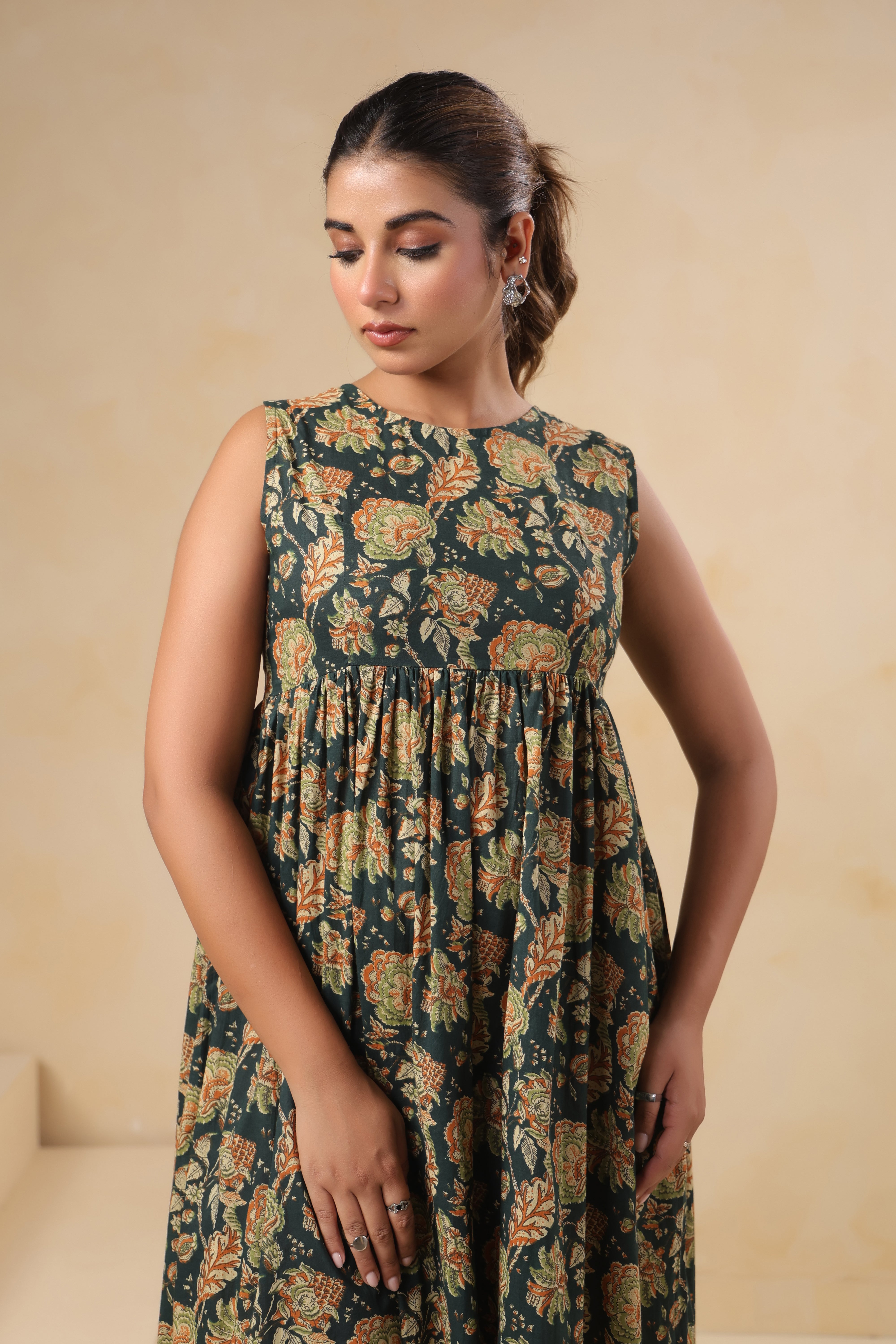 Forest Green Block Print Tiered Midi Dress - Sleeveless Cotton Maxi