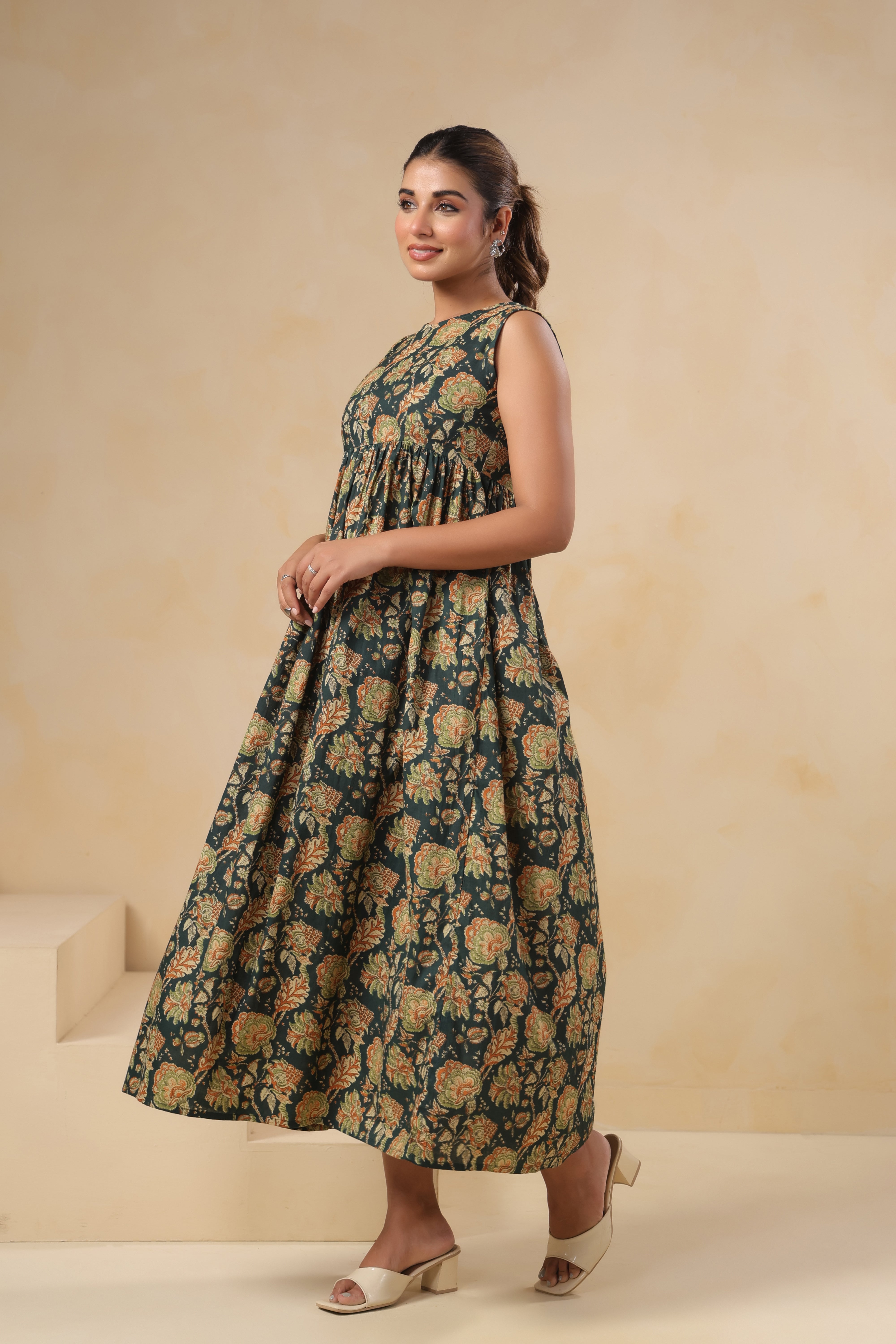 Forest Green Block Print Tiered Midi Dress - Sleeveless Cotton Maxi